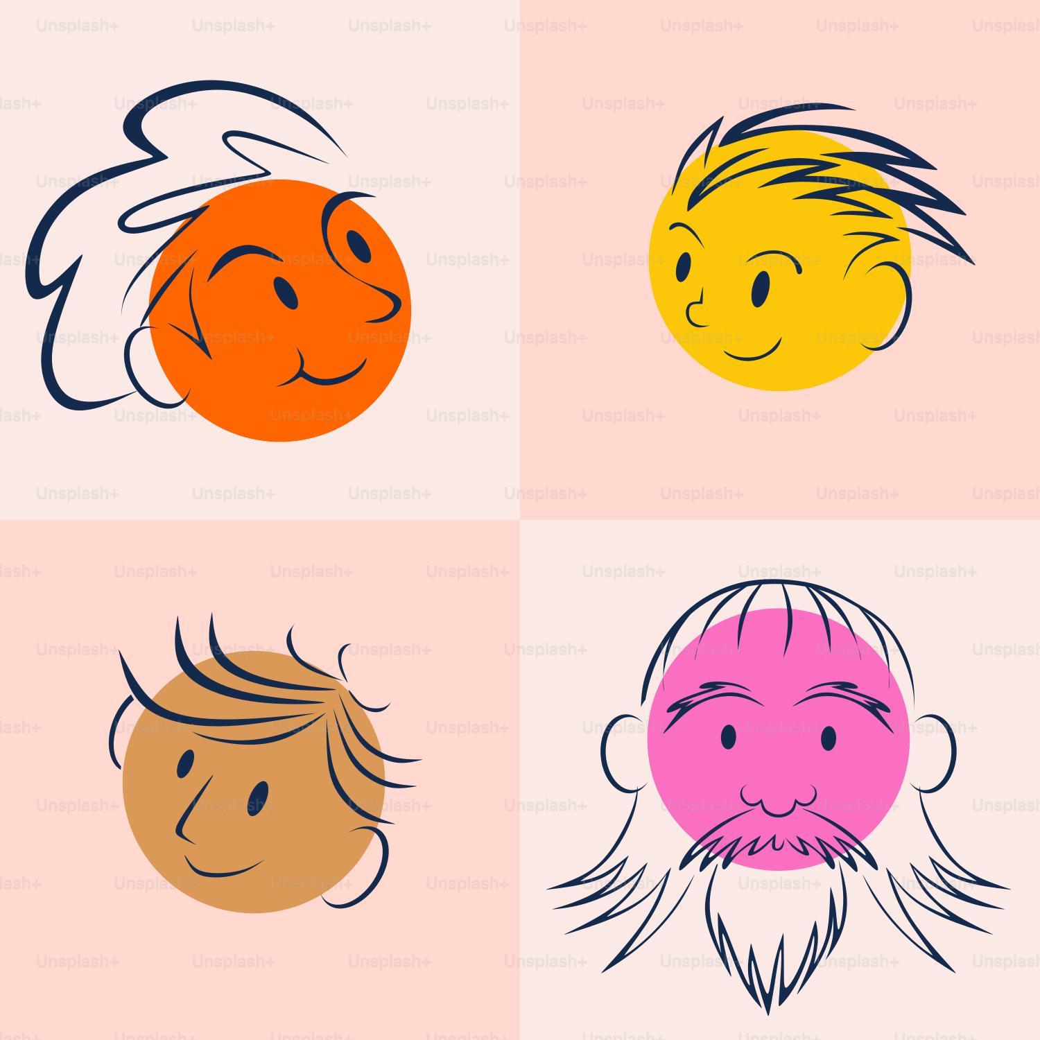 A series of four cartoon faces with different expressions