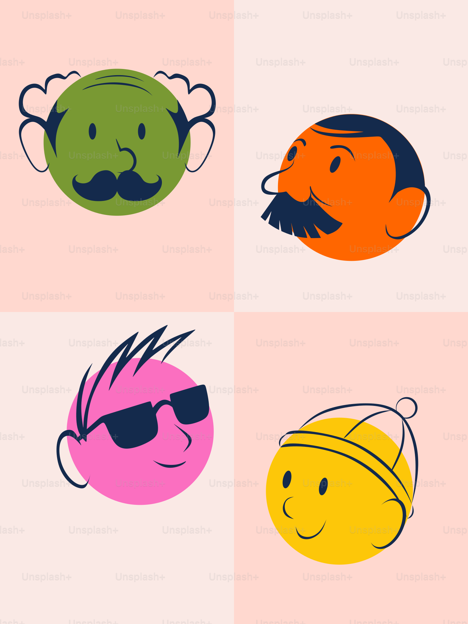 Four different types of cartoon faces with mustaches