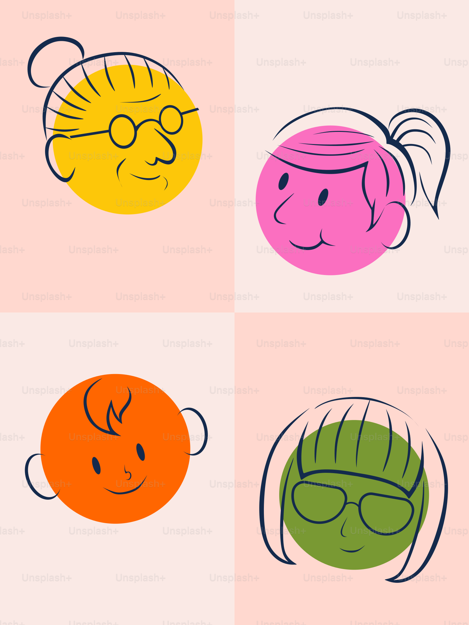 A series of four cartoon faces with different expressions