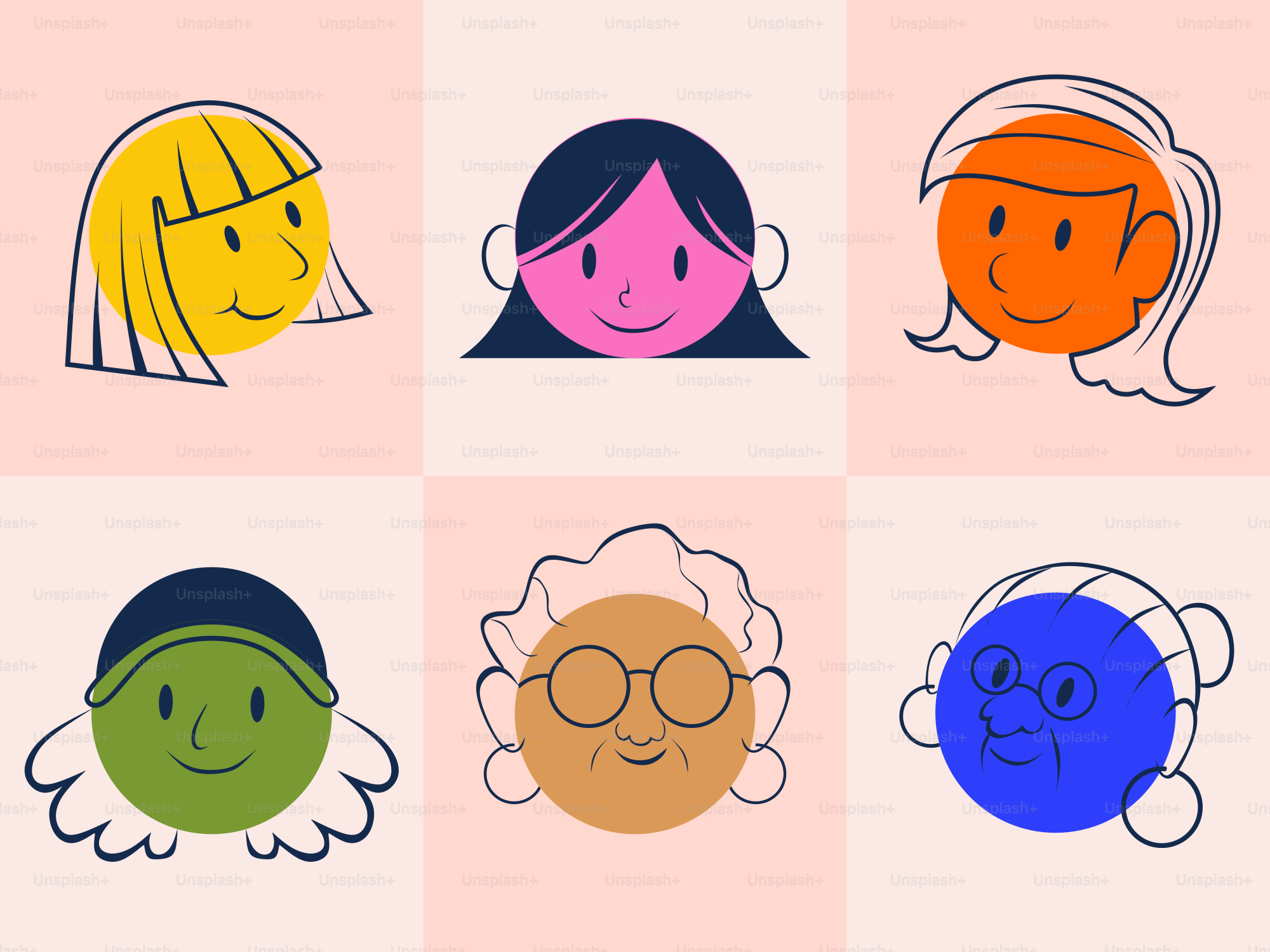 A bunch of different colored faces on a pink background