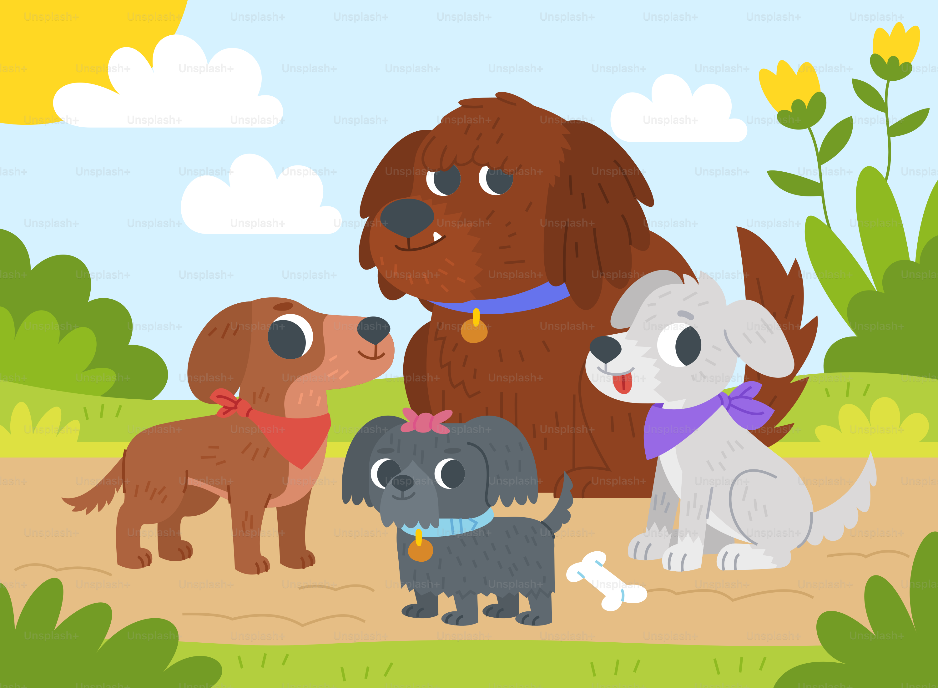 A group of dogs that are standing in the grass