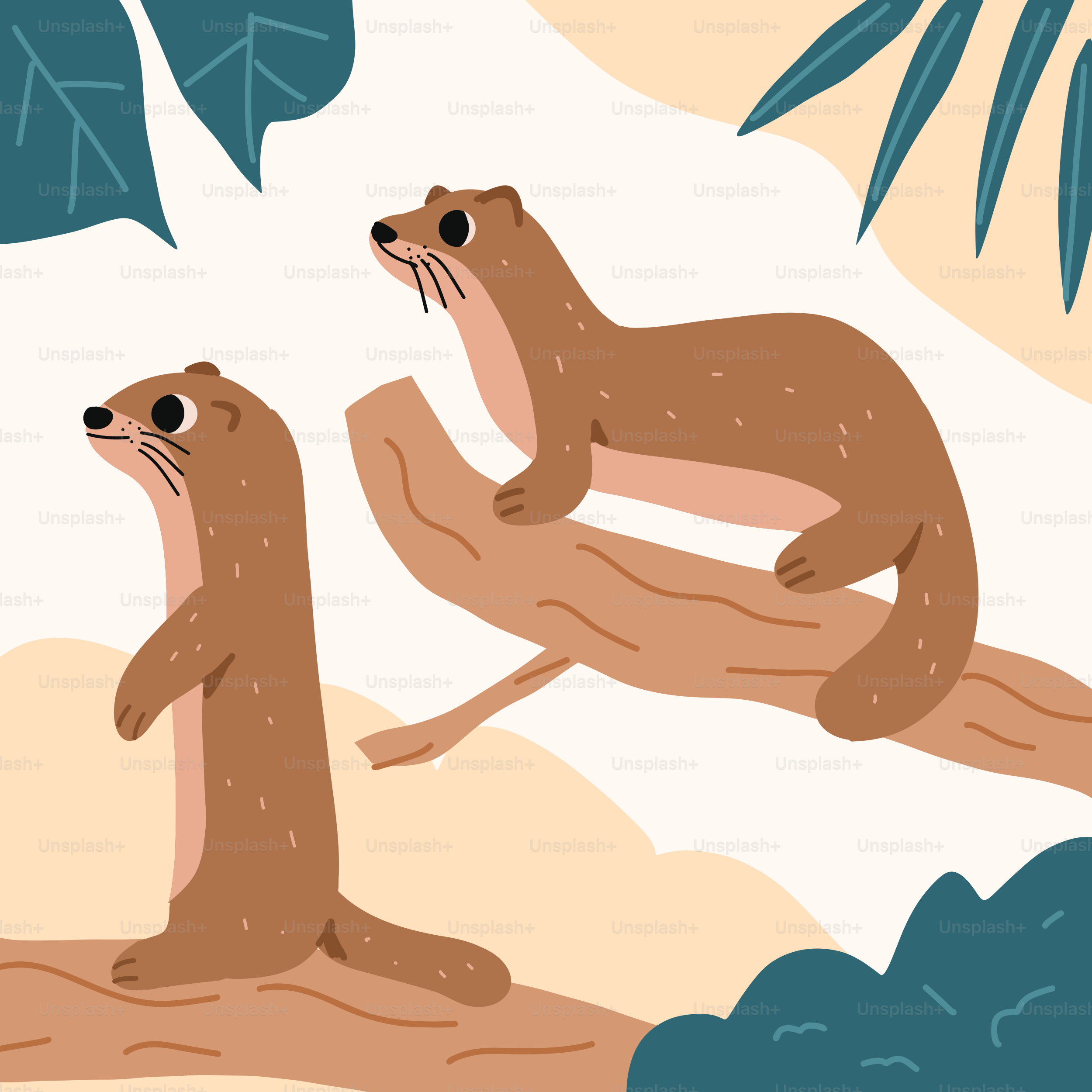 A couple of otters sitting on top of a tree branch