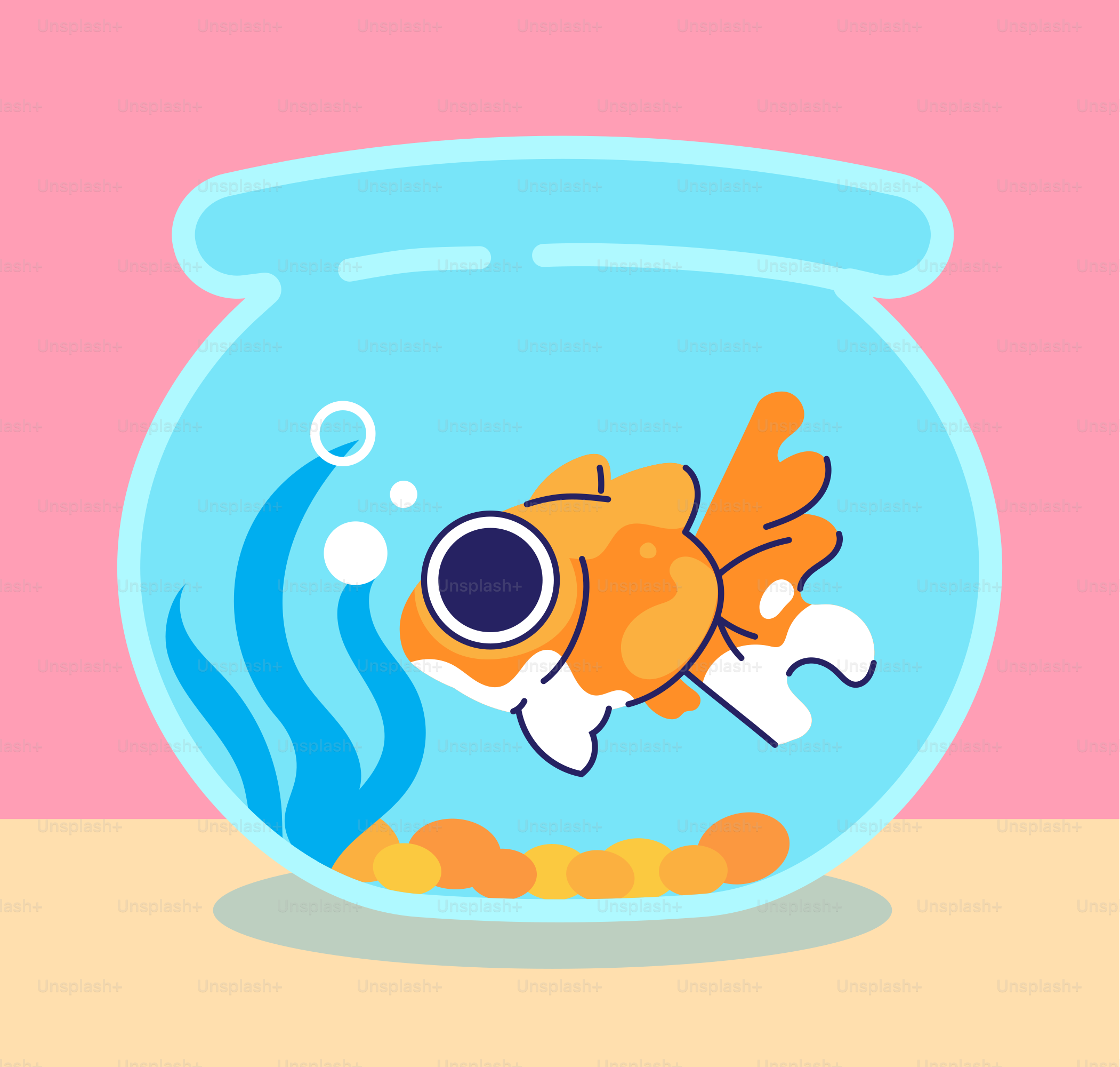 A goldfish in a bowl with a pink background