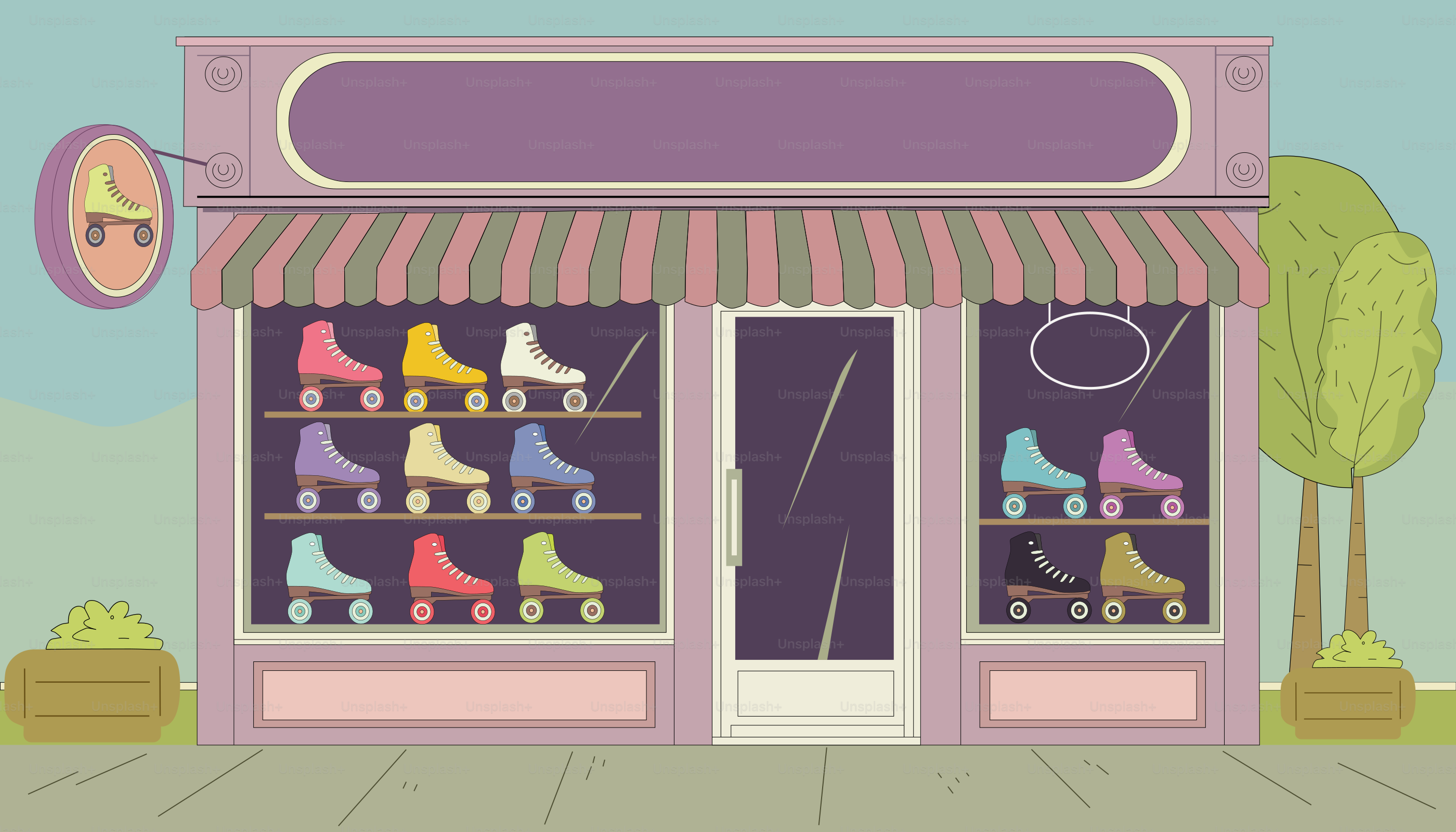 A store front with roller skates on display