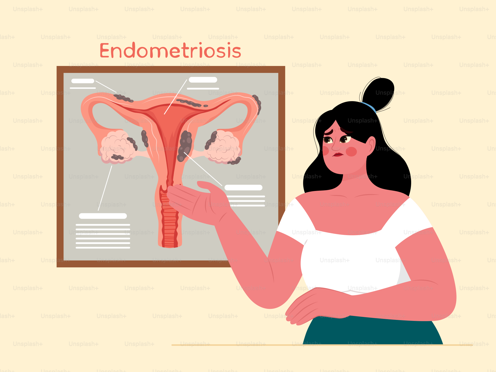 A woman pointing at a diagram of a female utensil