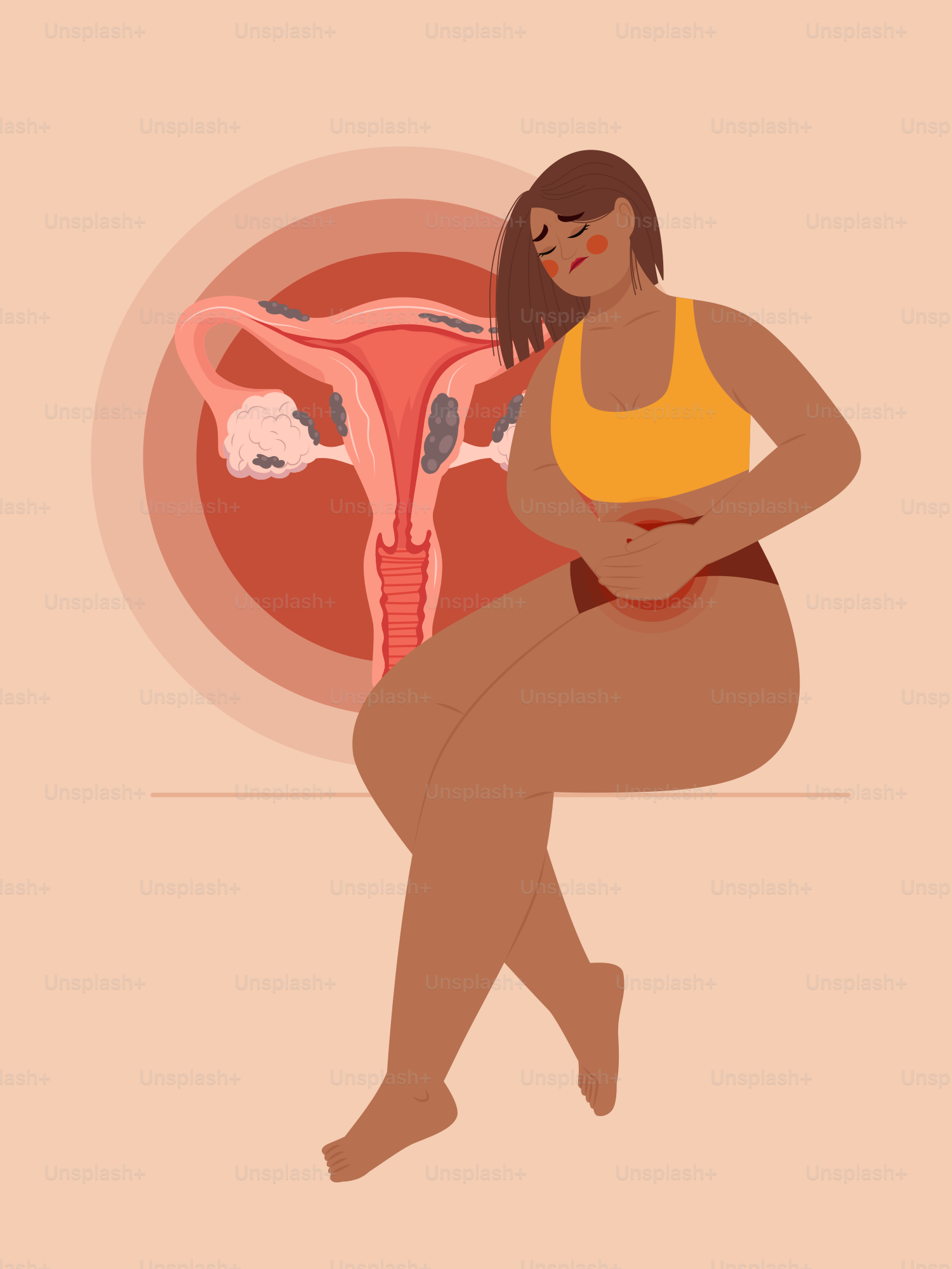 A woman sitting on a stool with her stomach exposed