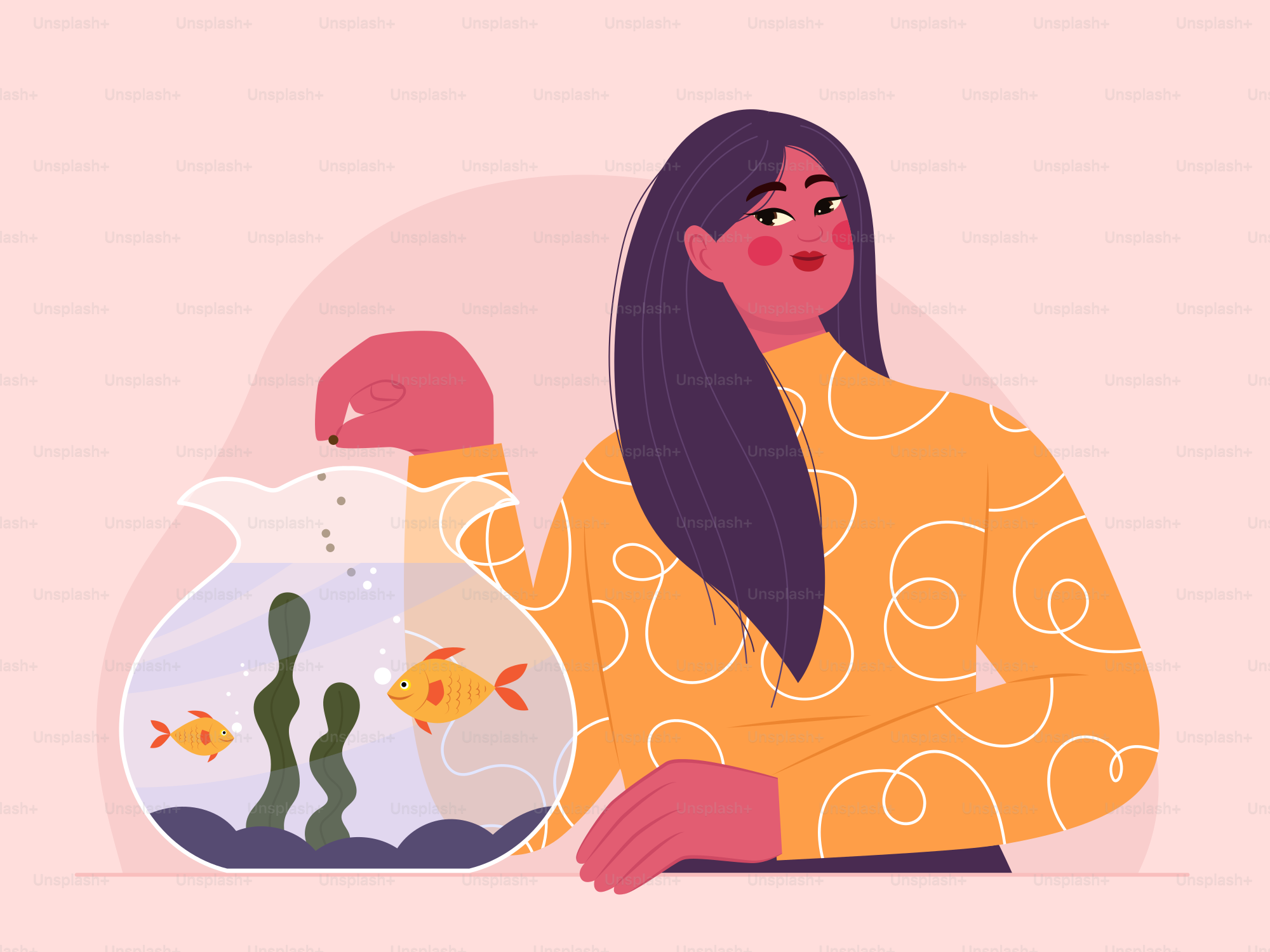 A woman sitting on the floor next to a fish bowl