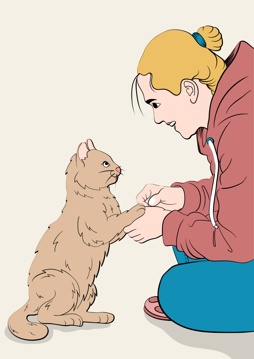 A woman kneeling down petting a small cat