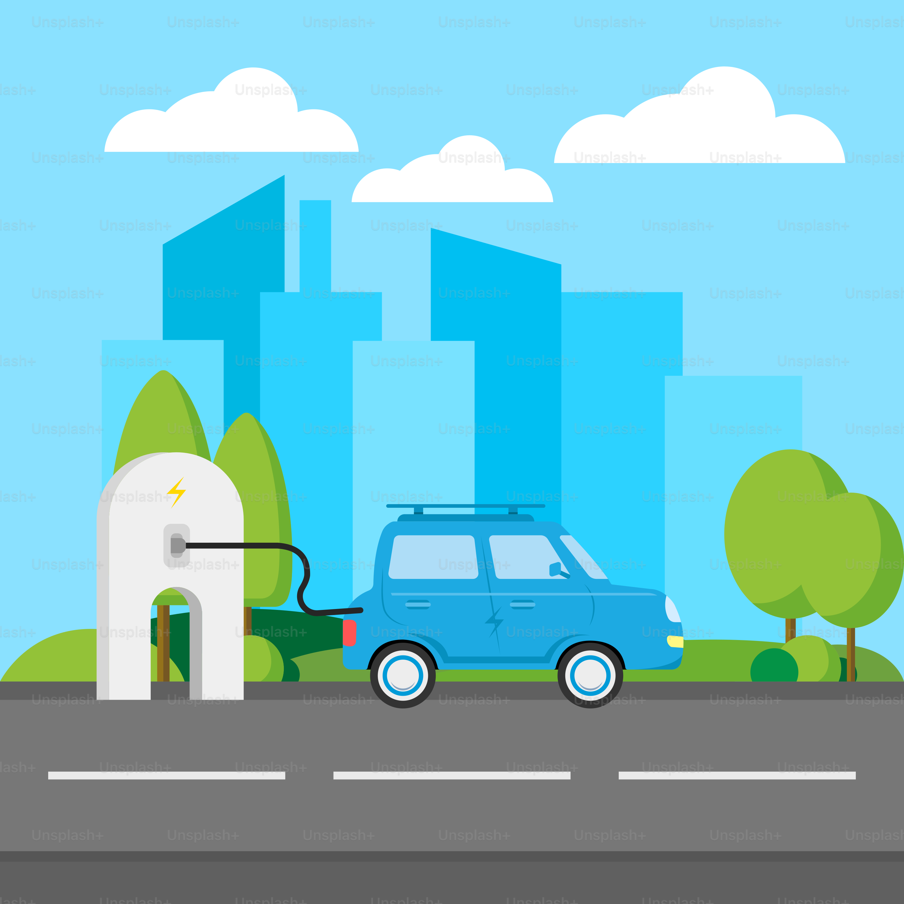 Um carro azul está passando pela estrada