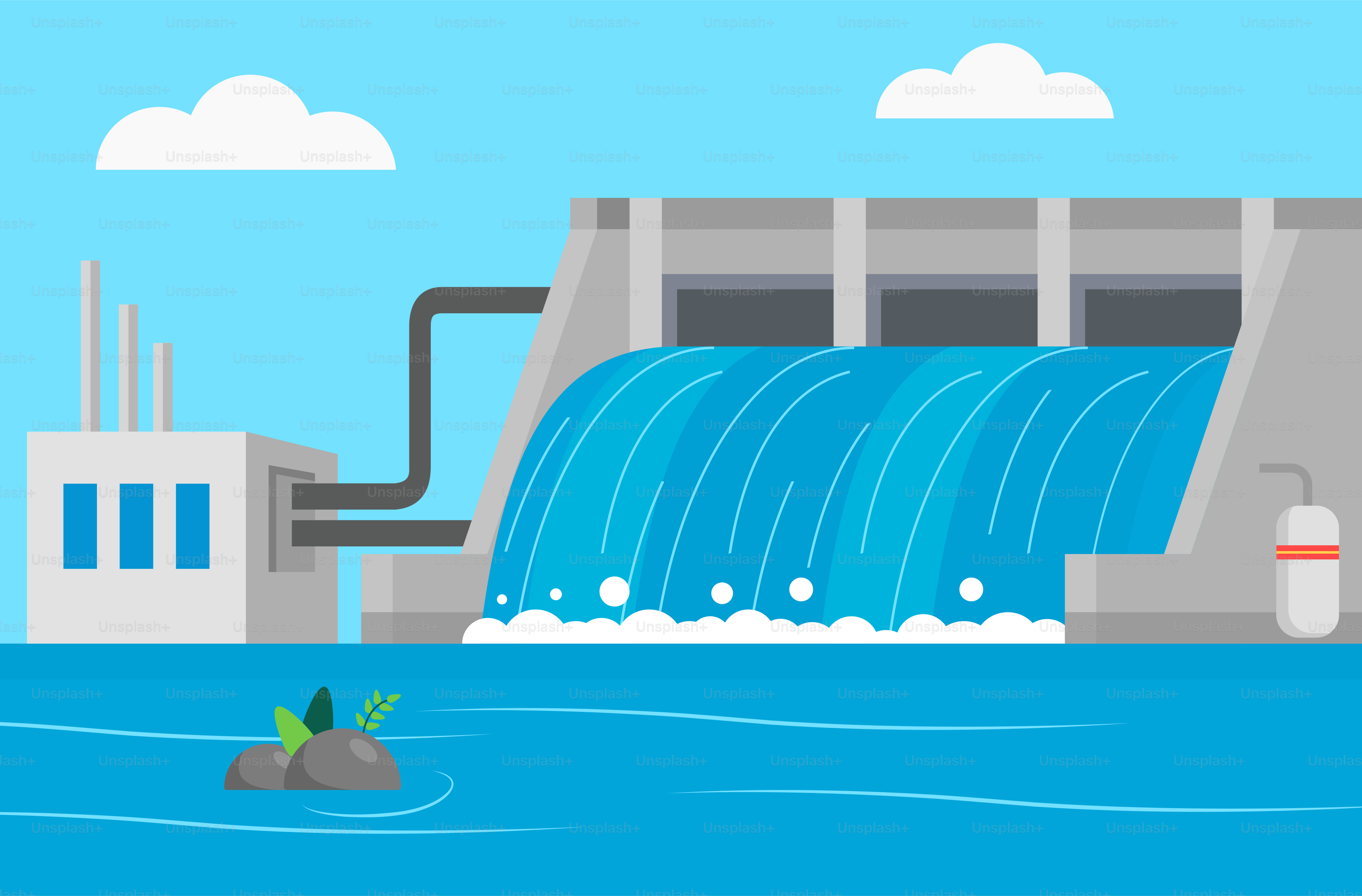 Un dibujo animado de una presa con agua saliendo de ella