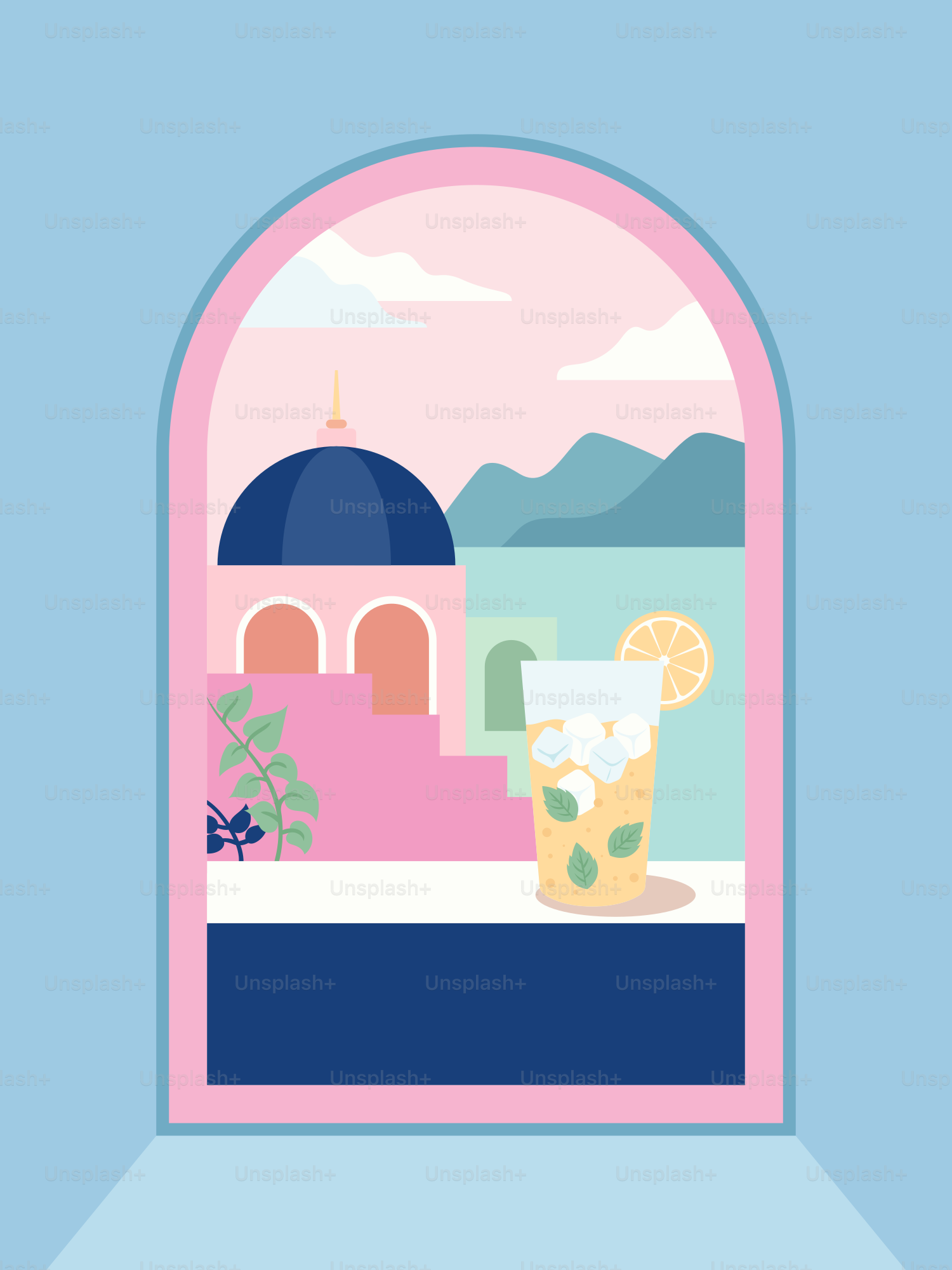 Ein Fenster mit Blick auf ein Gebäude und ein Getränk