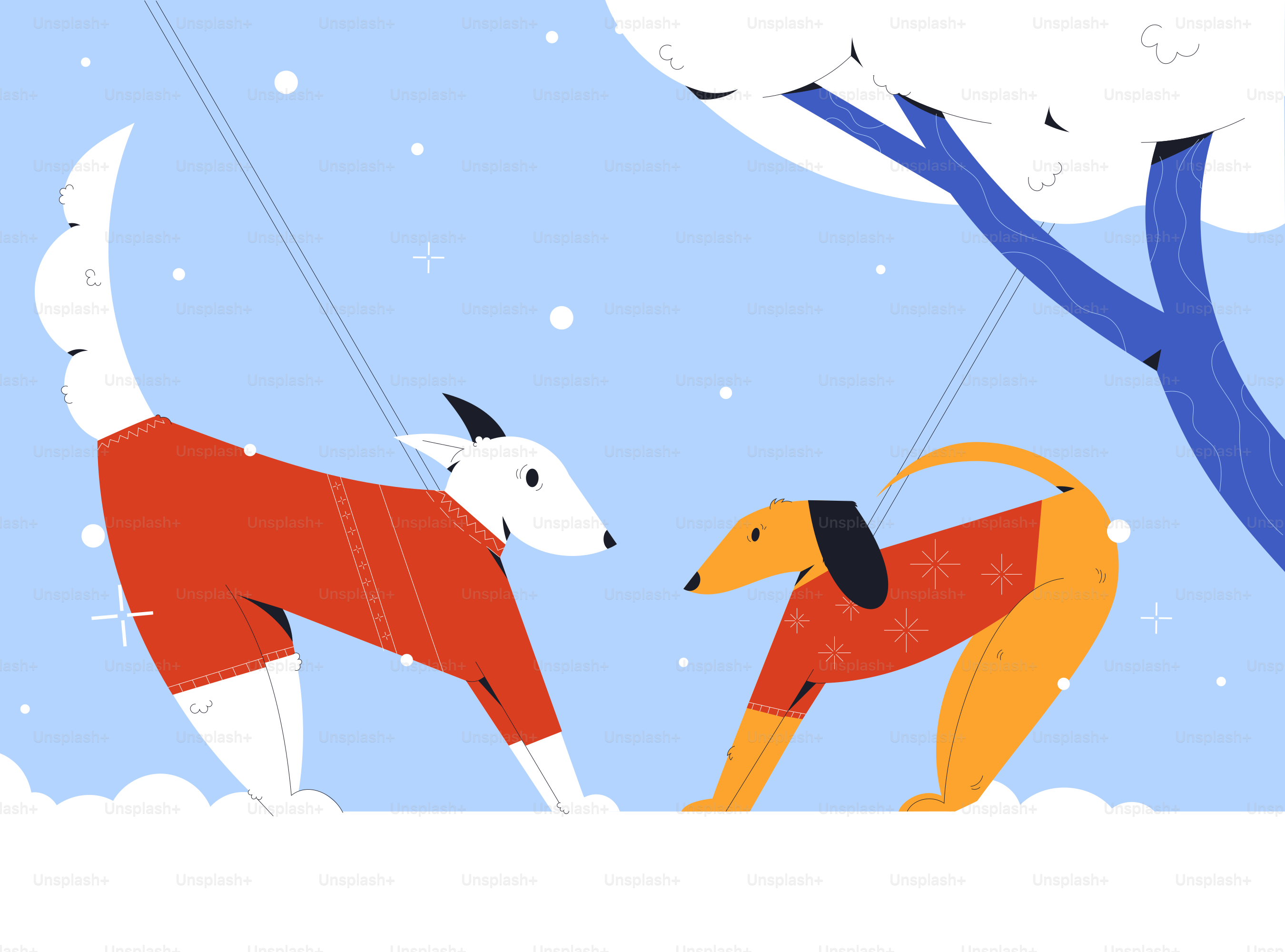 A couple of dogs standing next to each other in the snow