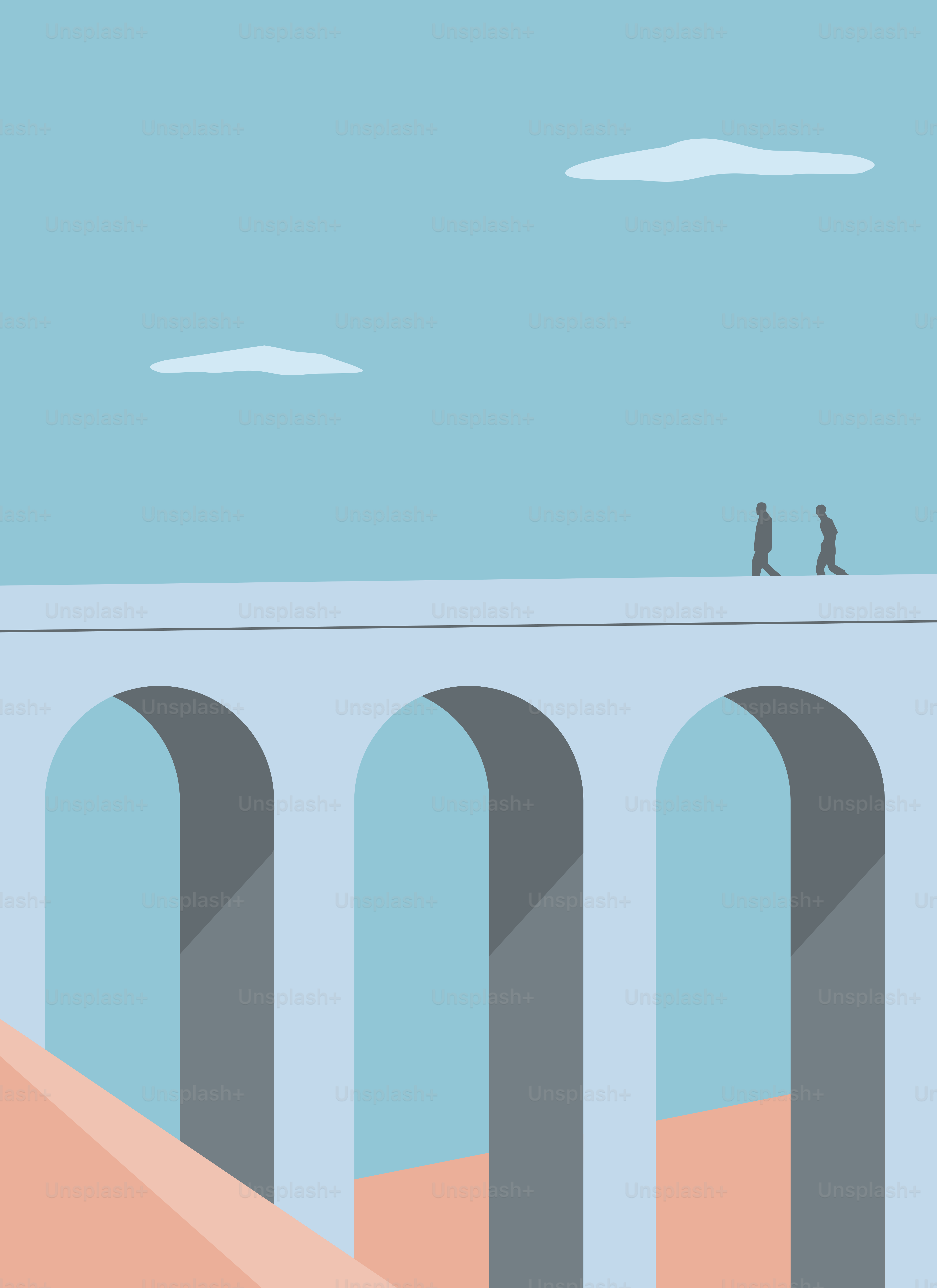 Zwei Menschen gehen über eine Brücke über eine Wüste
