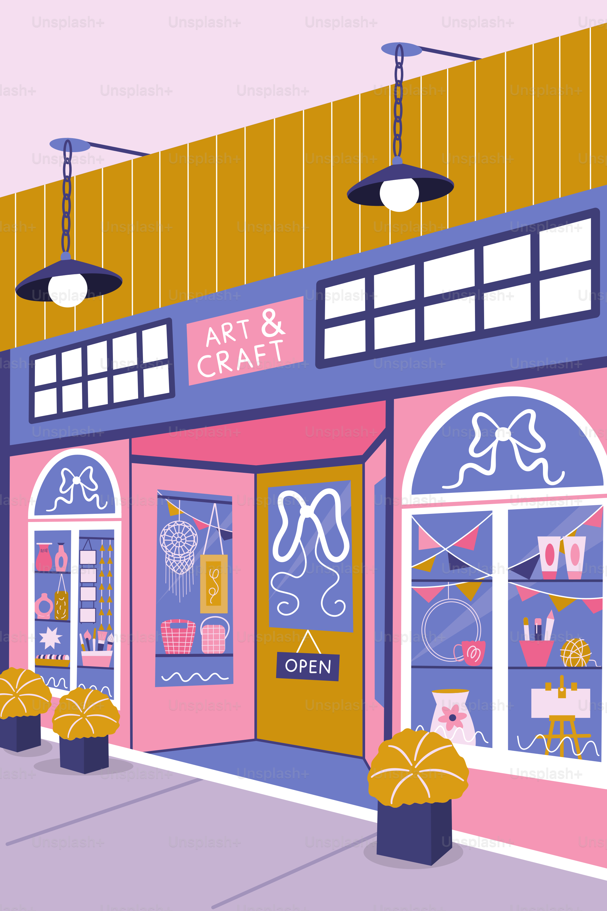 A cartoon of a store front with lots of windows