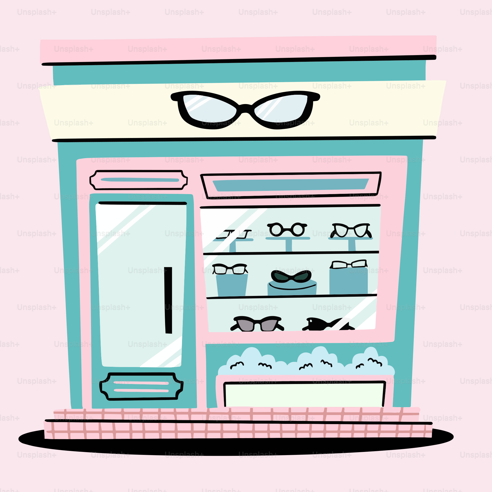 A drawing of a store front with glasses on it