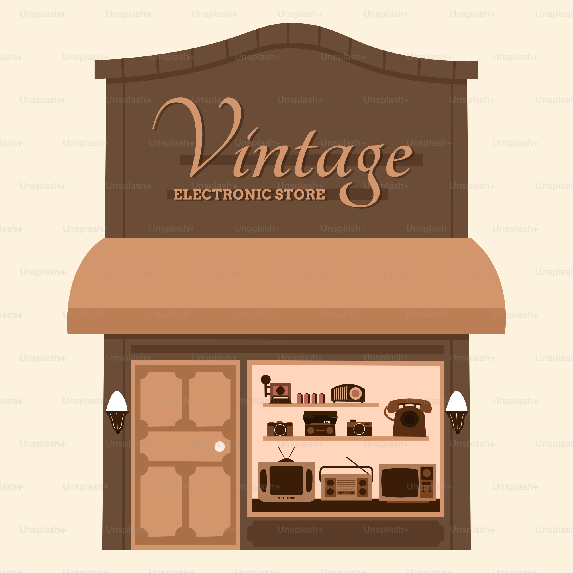 A store front with a brown awning