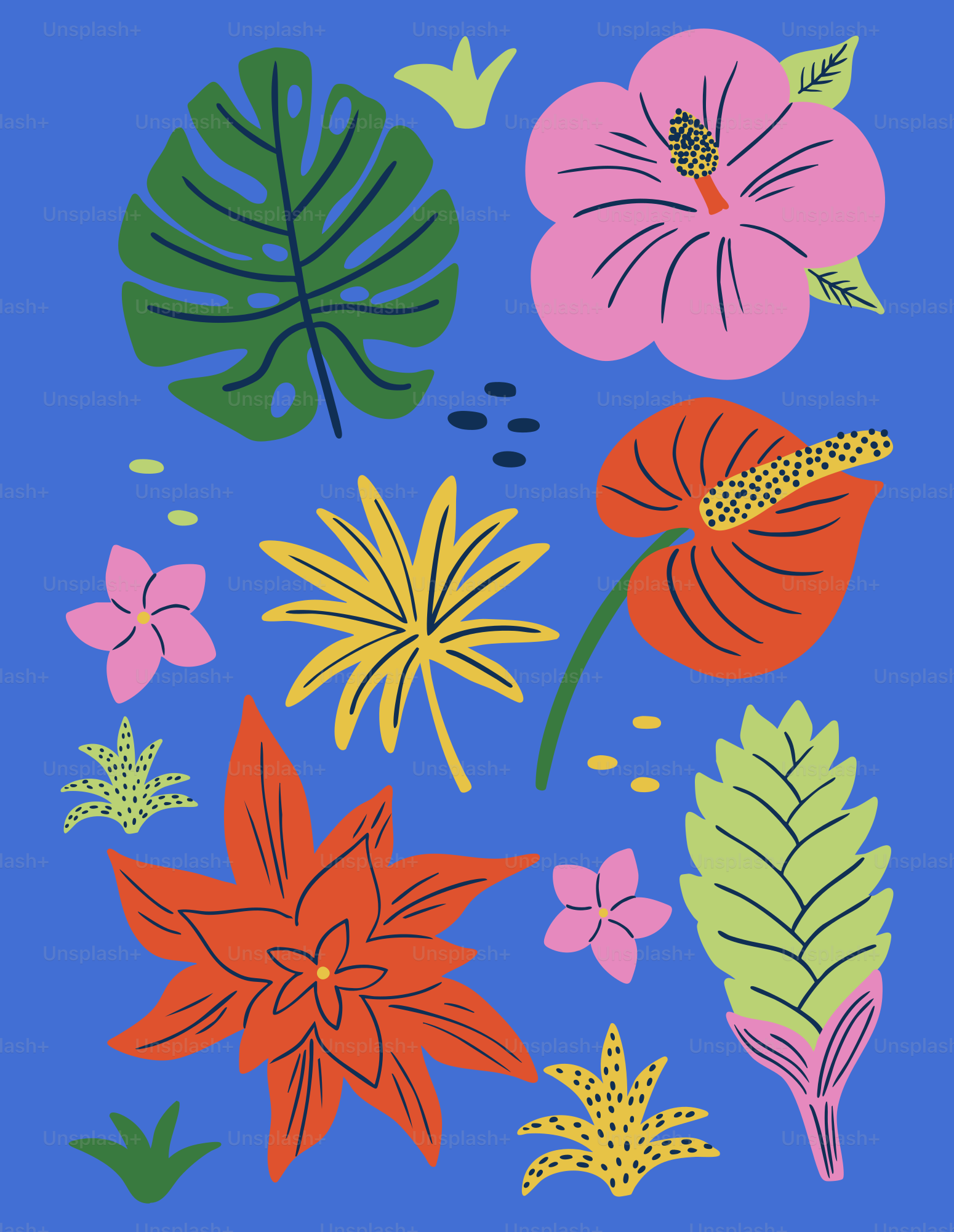 Una pintura de flores y hojas sobre un fondo azul
