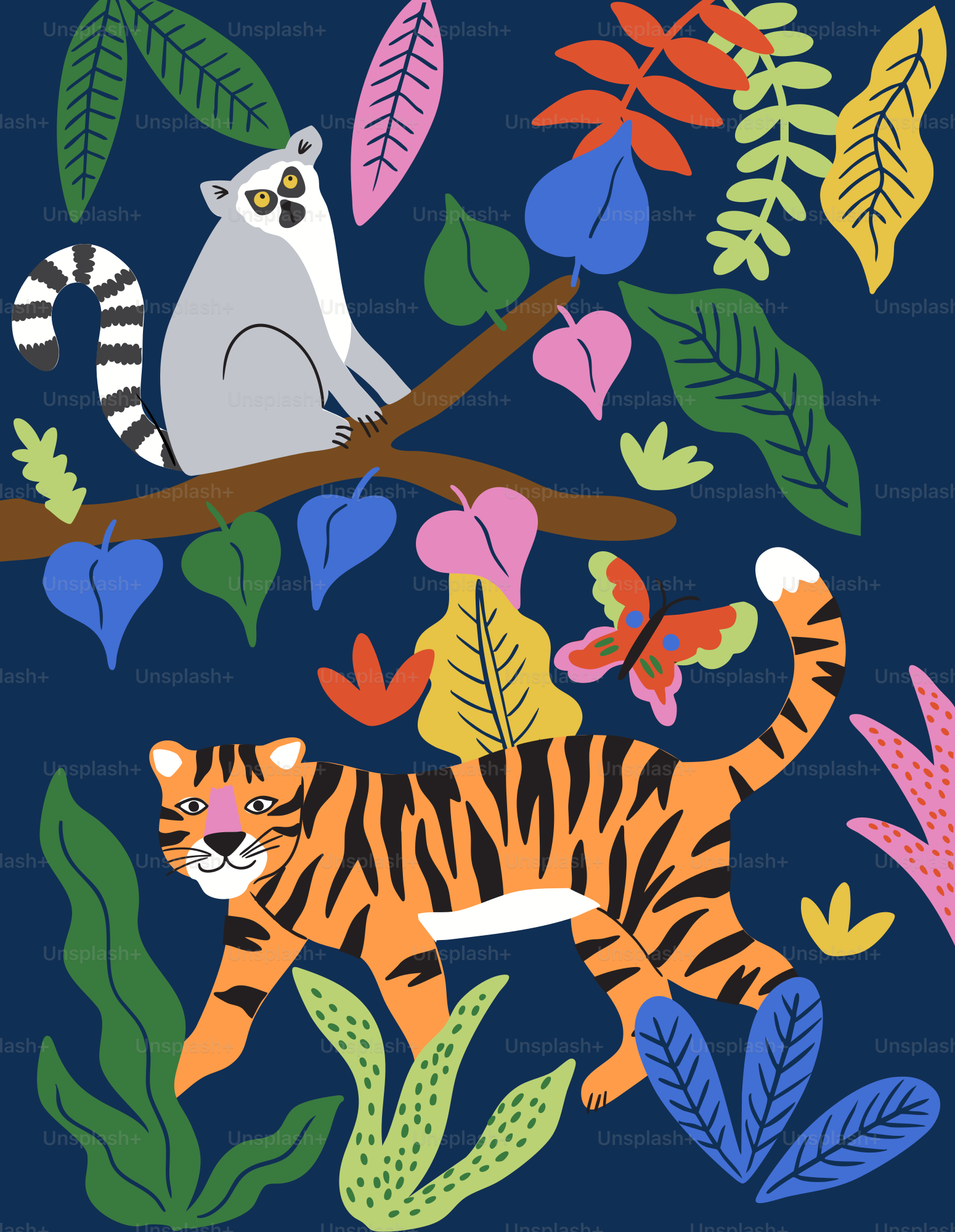 Una foto de un tigre y un mapache en una rama