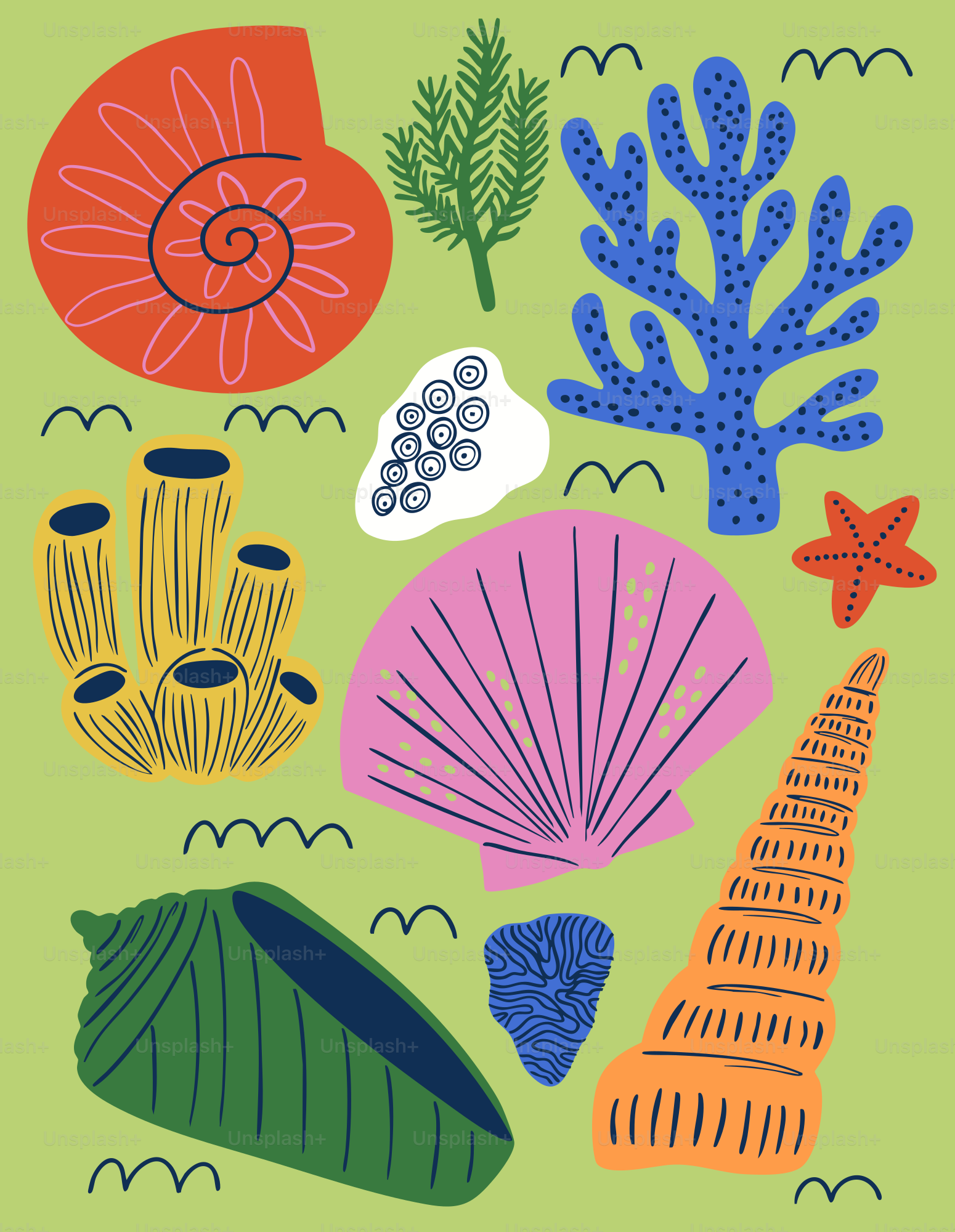 Un fond vert avec plein d’objets colorés dessus