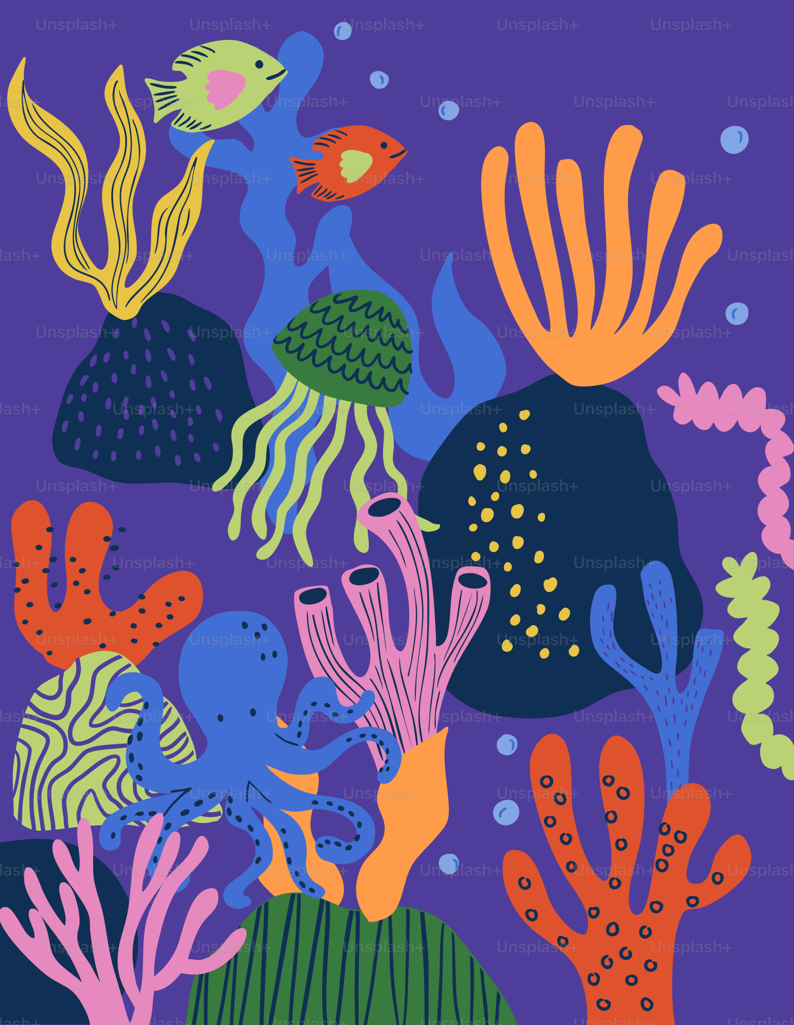 Una pintura de un montón de animales marinos