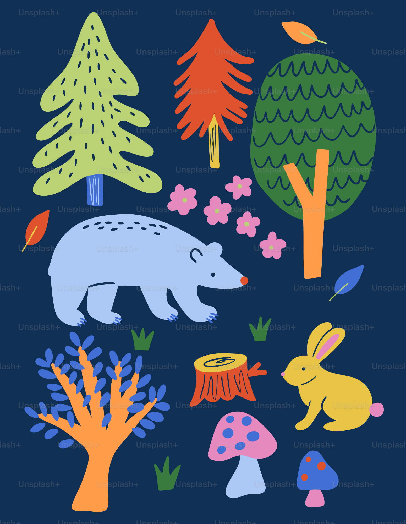 Un oso y algunos árboles y setas sobre un fondo azul