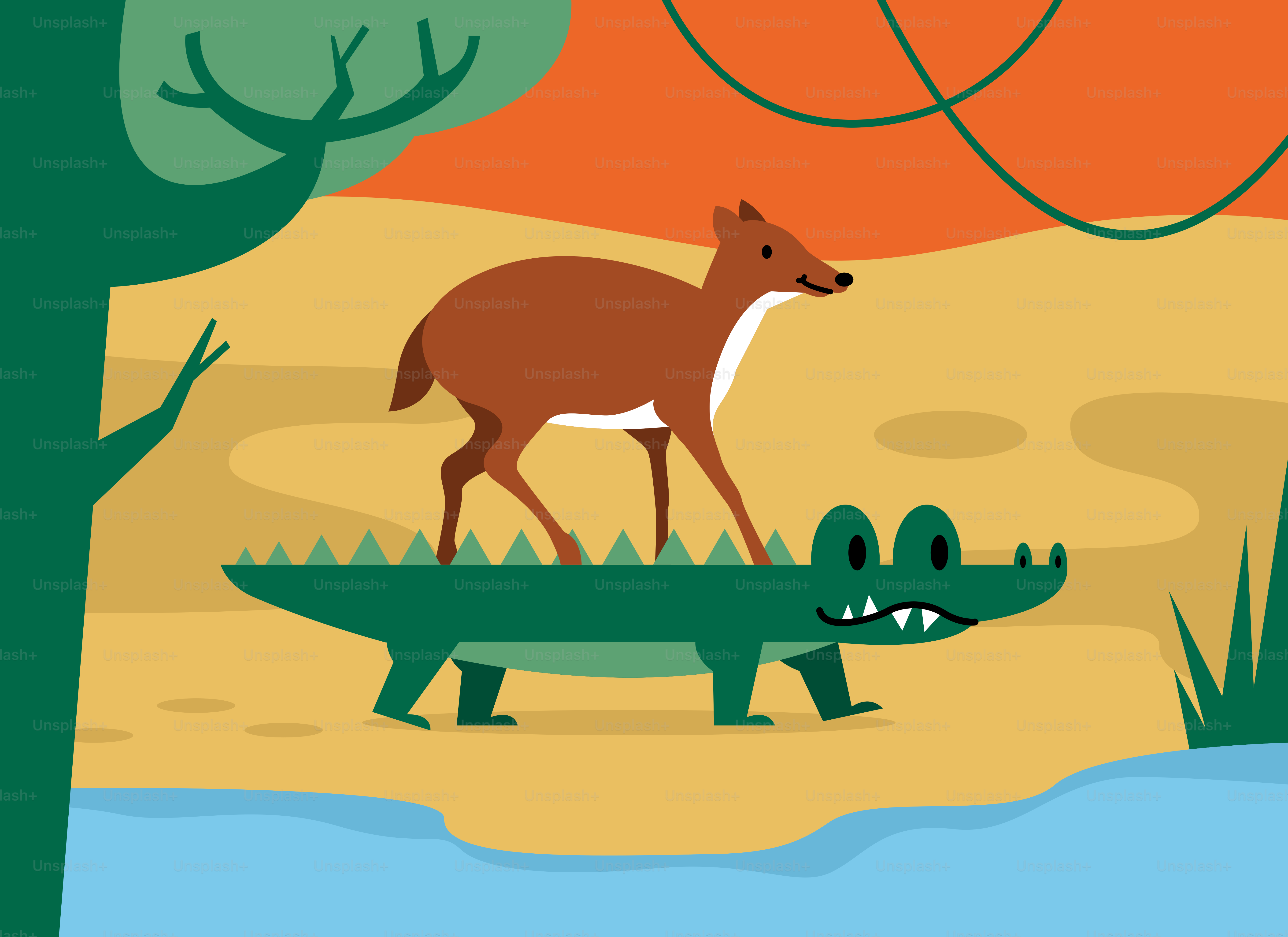A picture of a deer and a crocodile