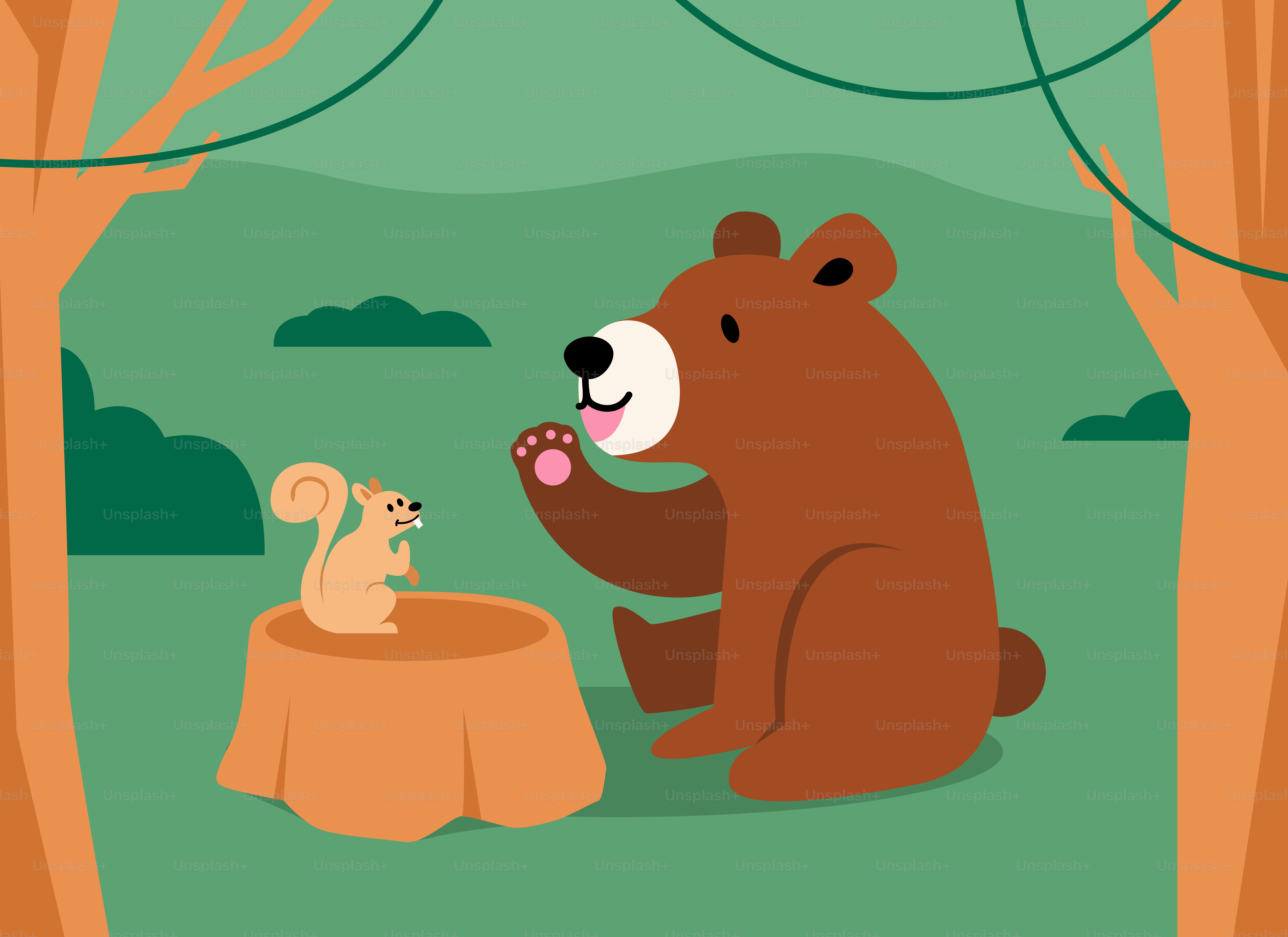 Ein Bär und ein Eichhörnchen sind im Wald
