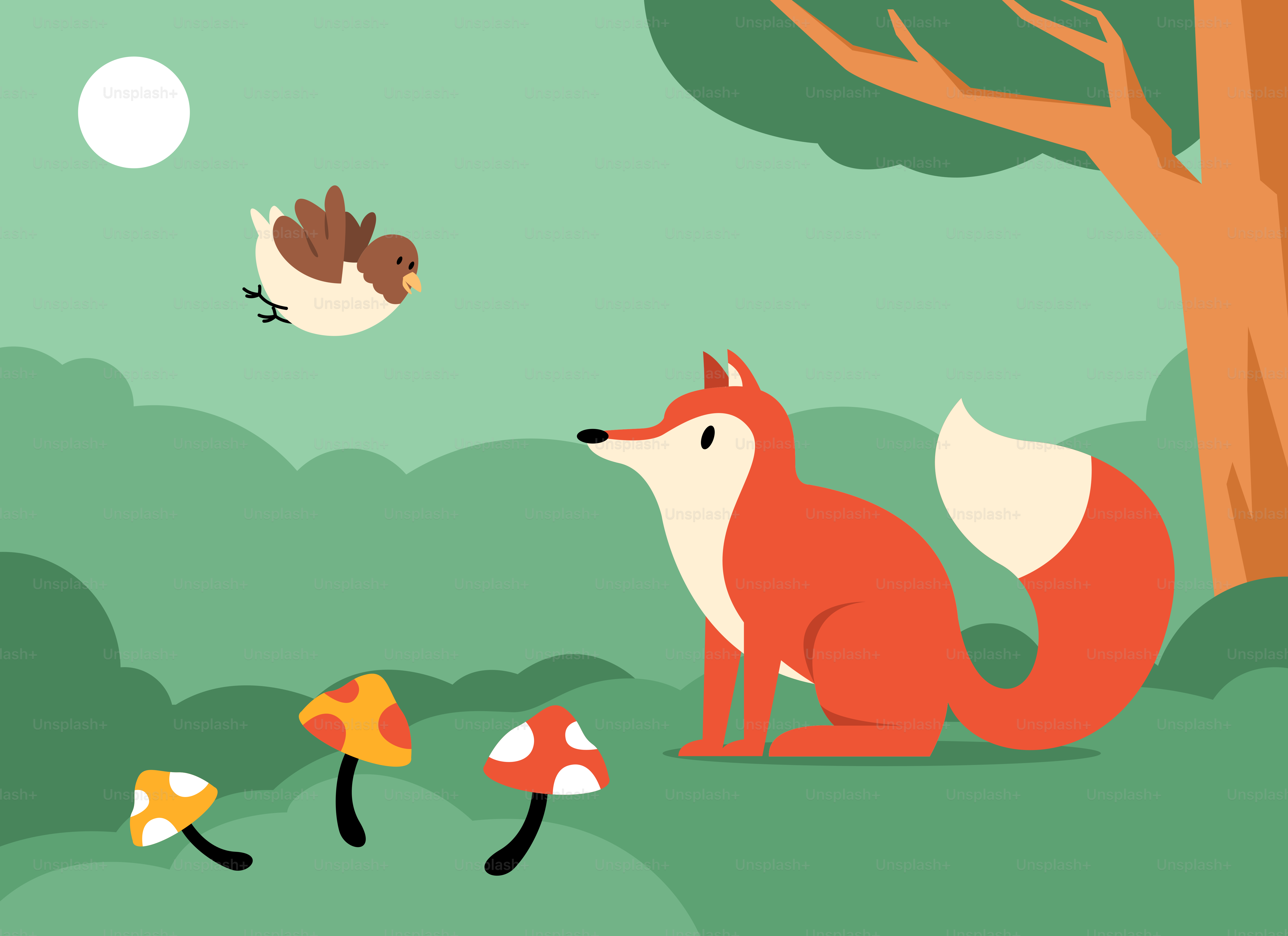 Un renard et un oiseau dans une forêt