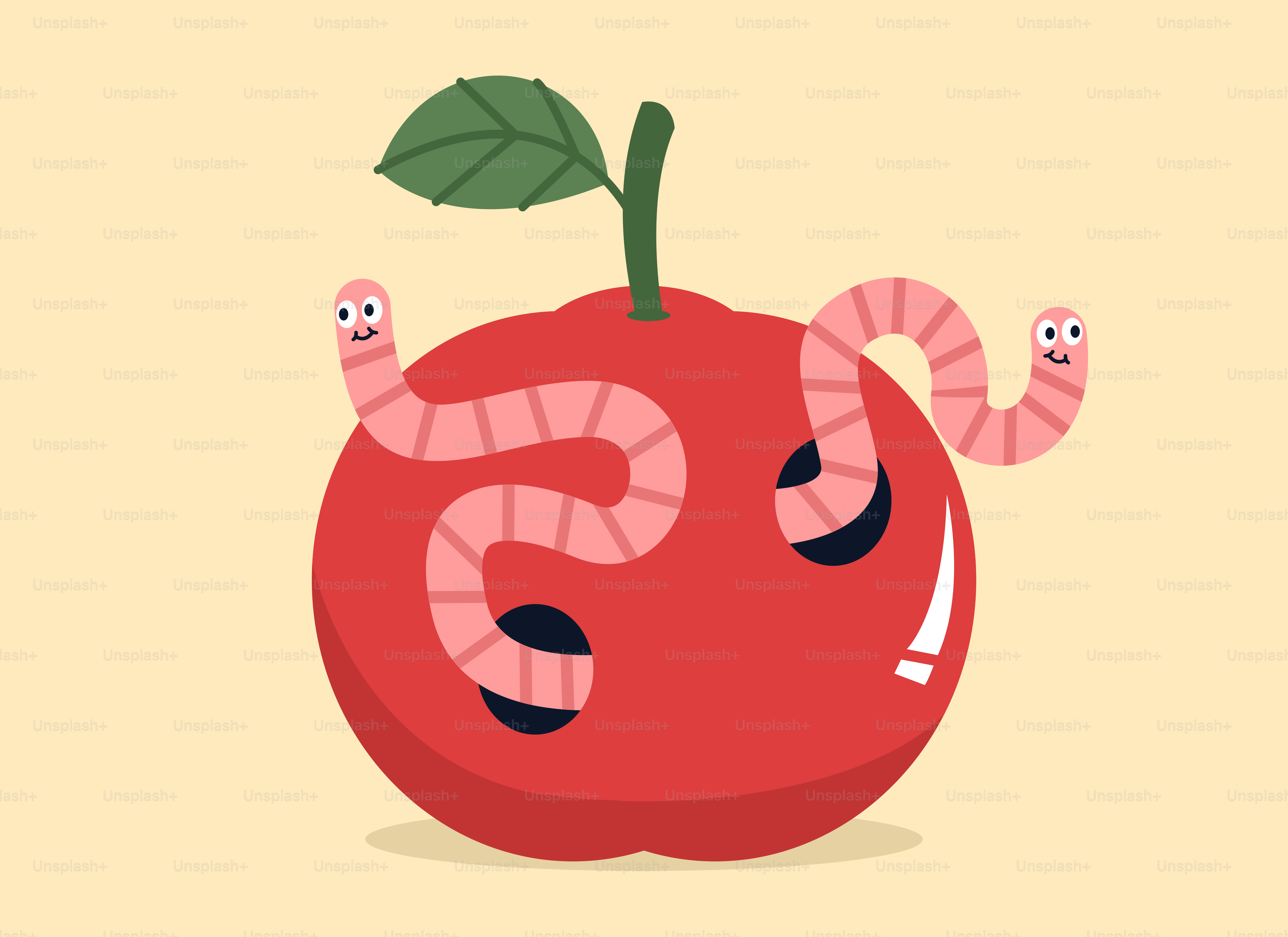 A red apple with a worm in the middle of it