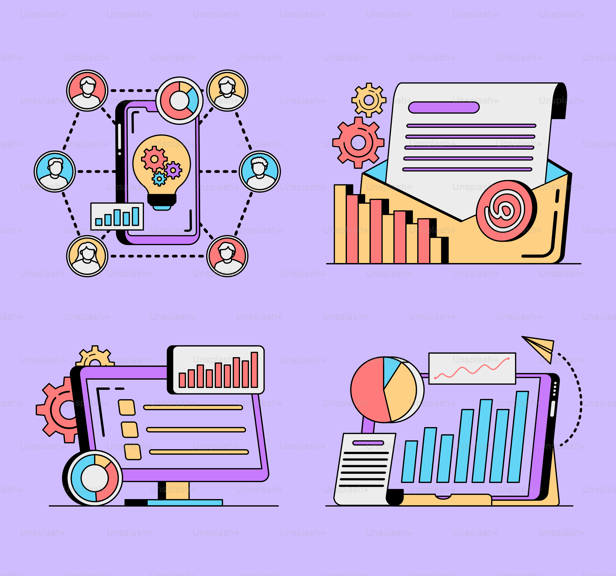 Ein lila Hintergrund mit verschiedenen Arten von Symbolen