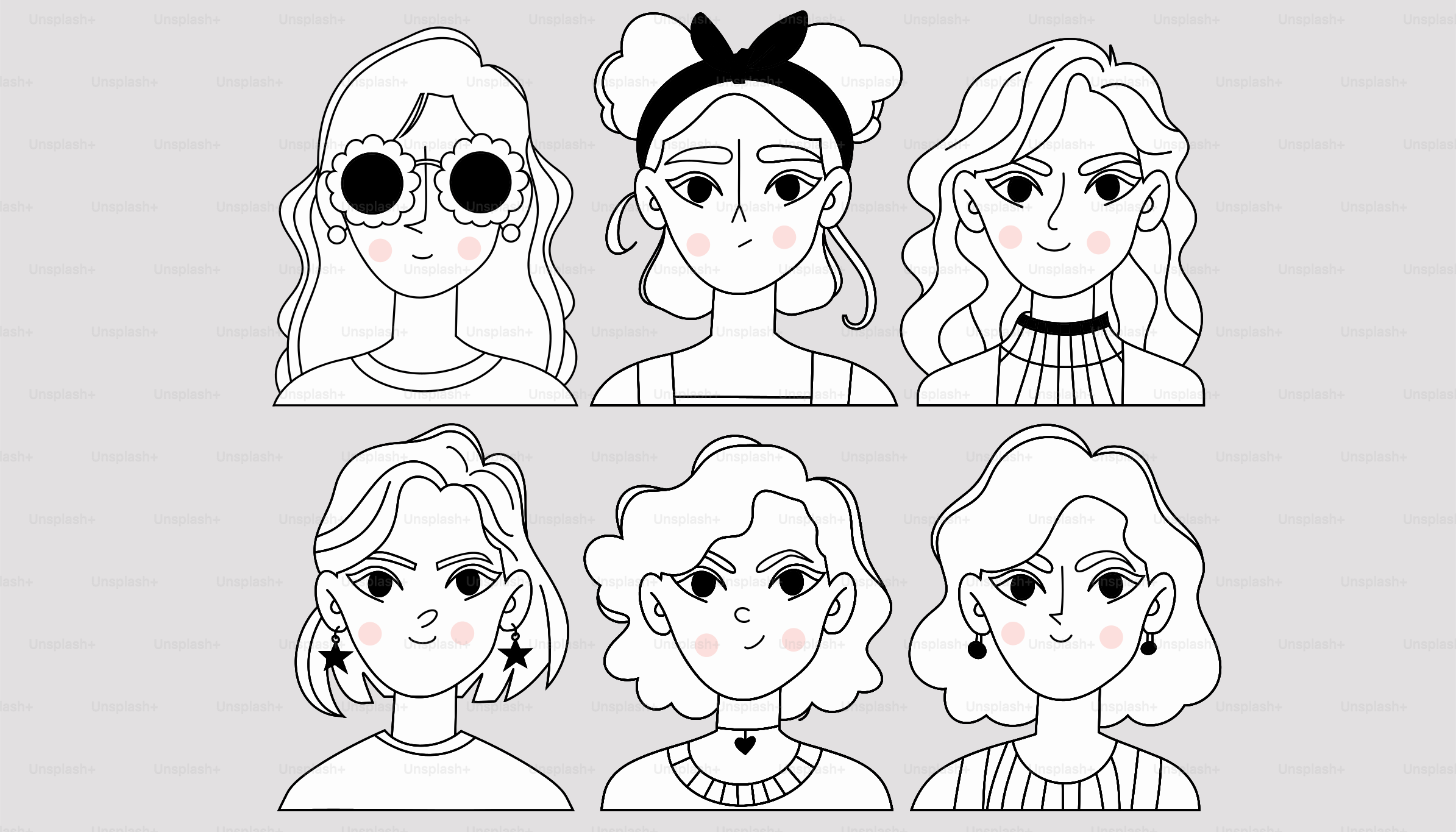 Un disegno del volto di una donna con diverse espressioni facciali