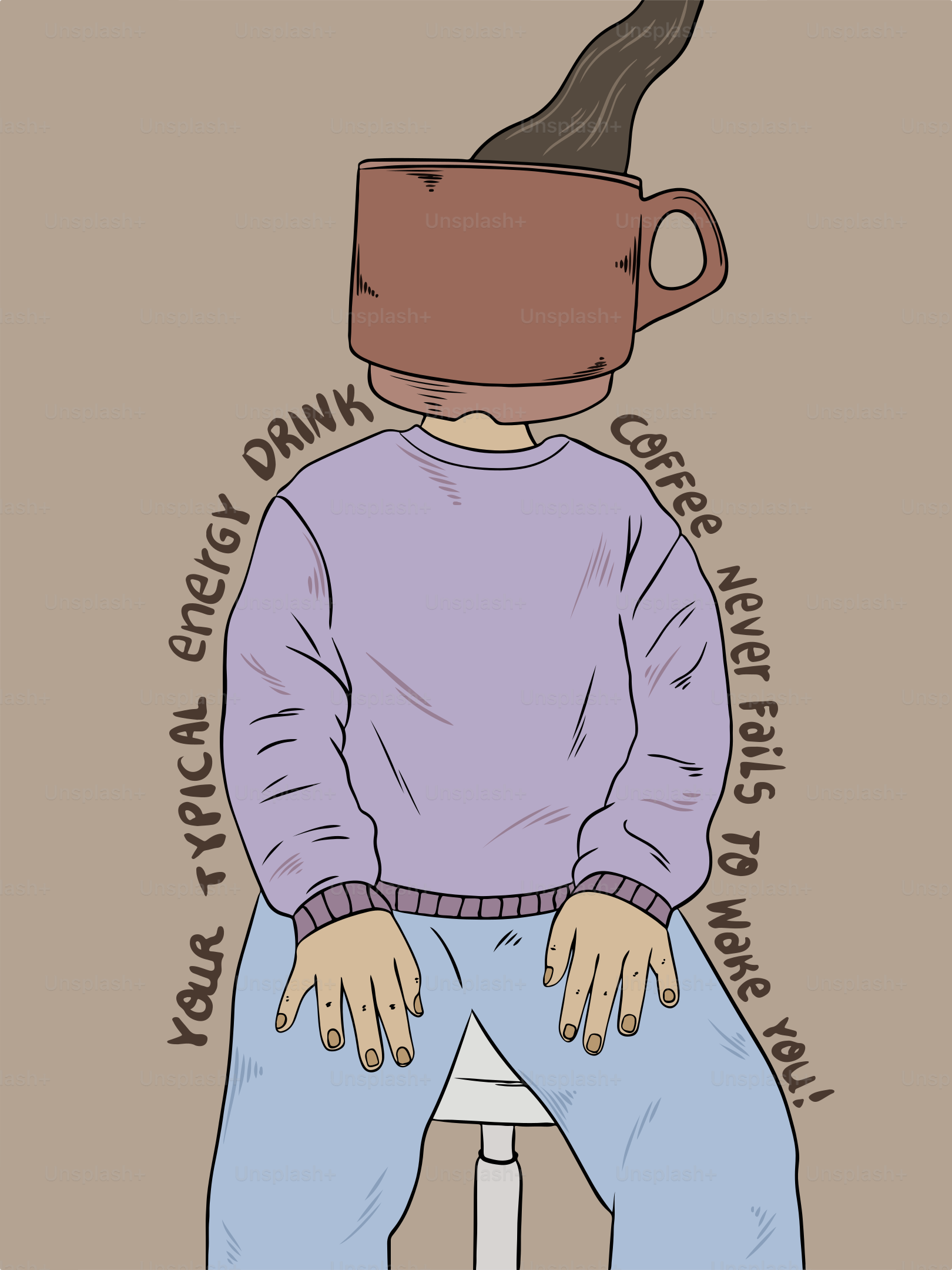 Un disegno di una persona con una tazza di caffè sulla testa