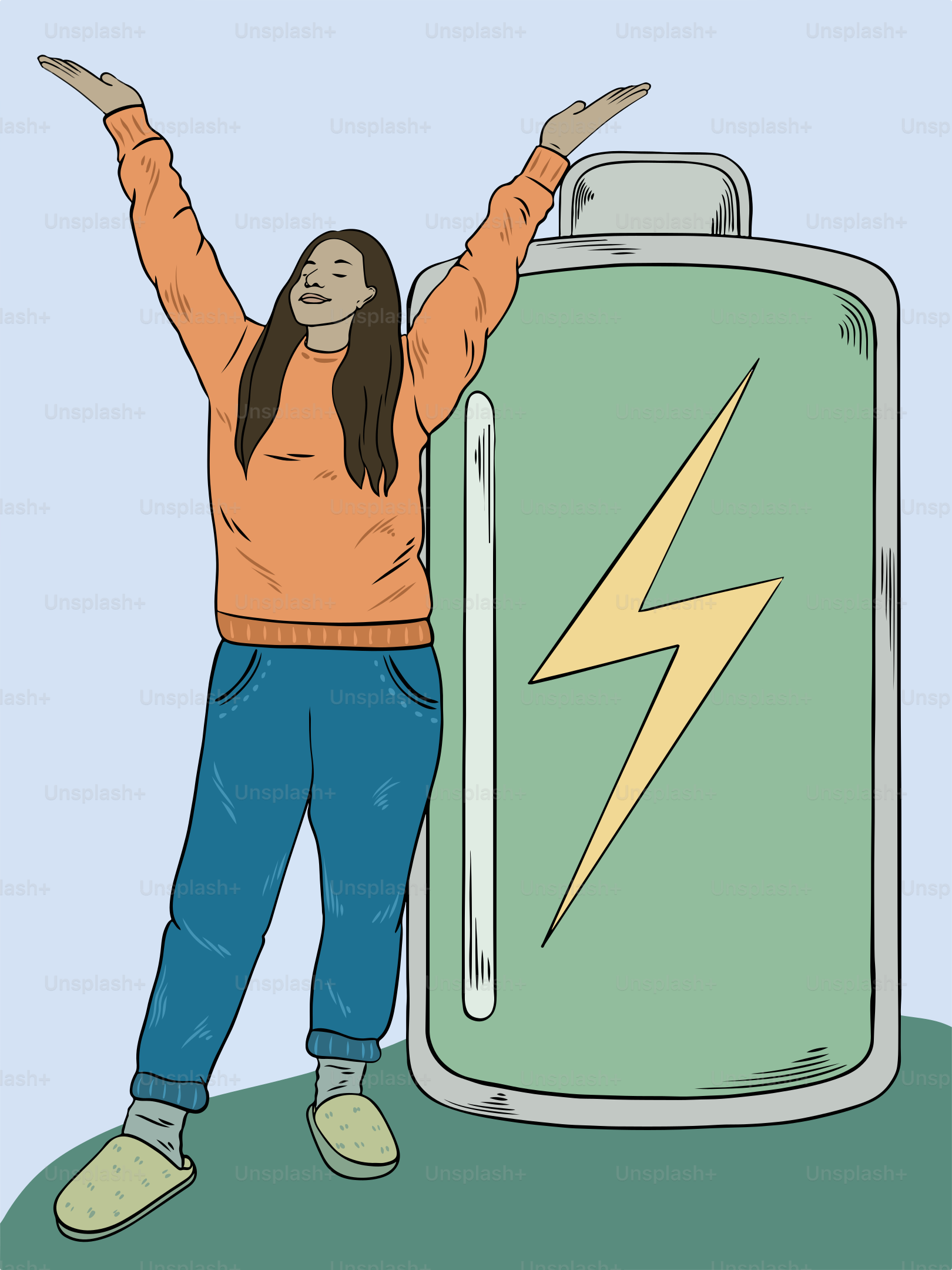 A woman standing next to a large tank with a lightning symbol on it