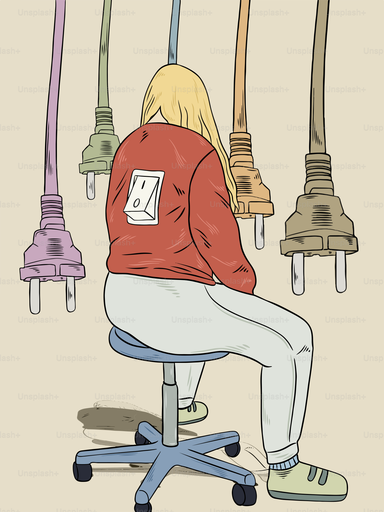 Un disegno di una persona seduta su una sedia