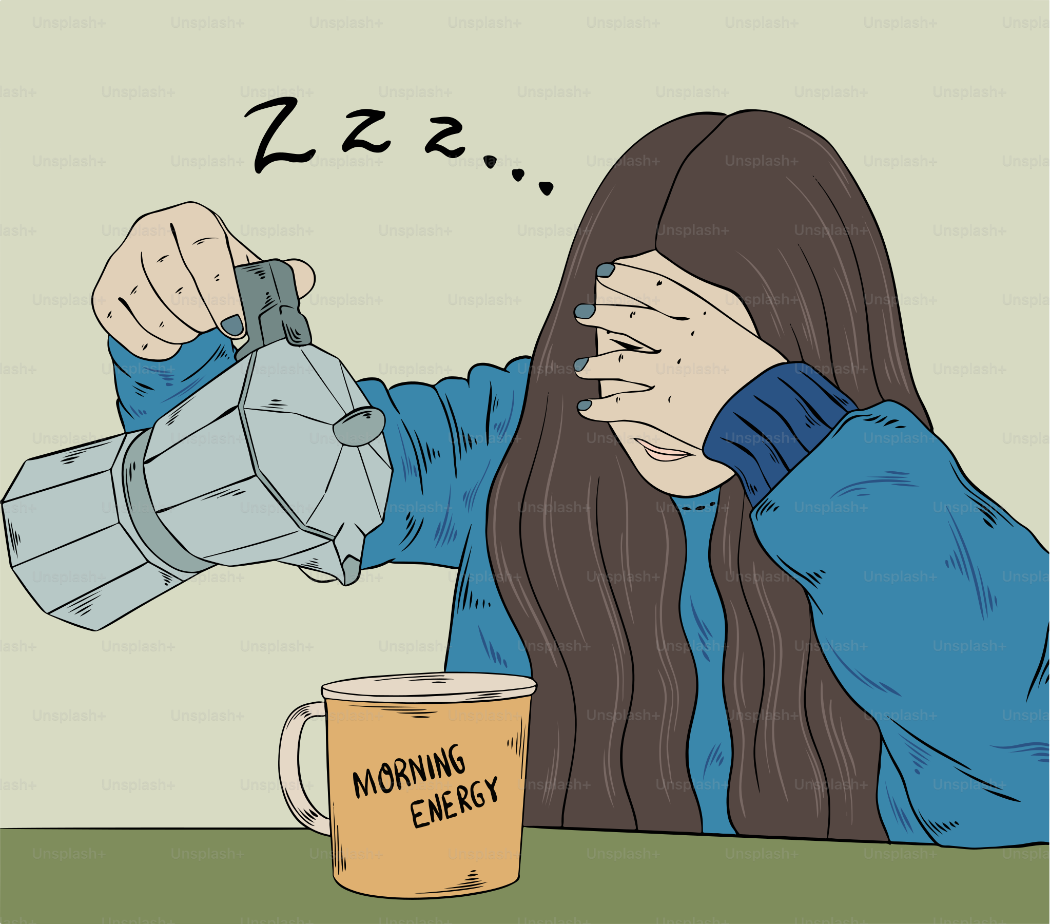 A woman sitting at a table with a cup of coffee