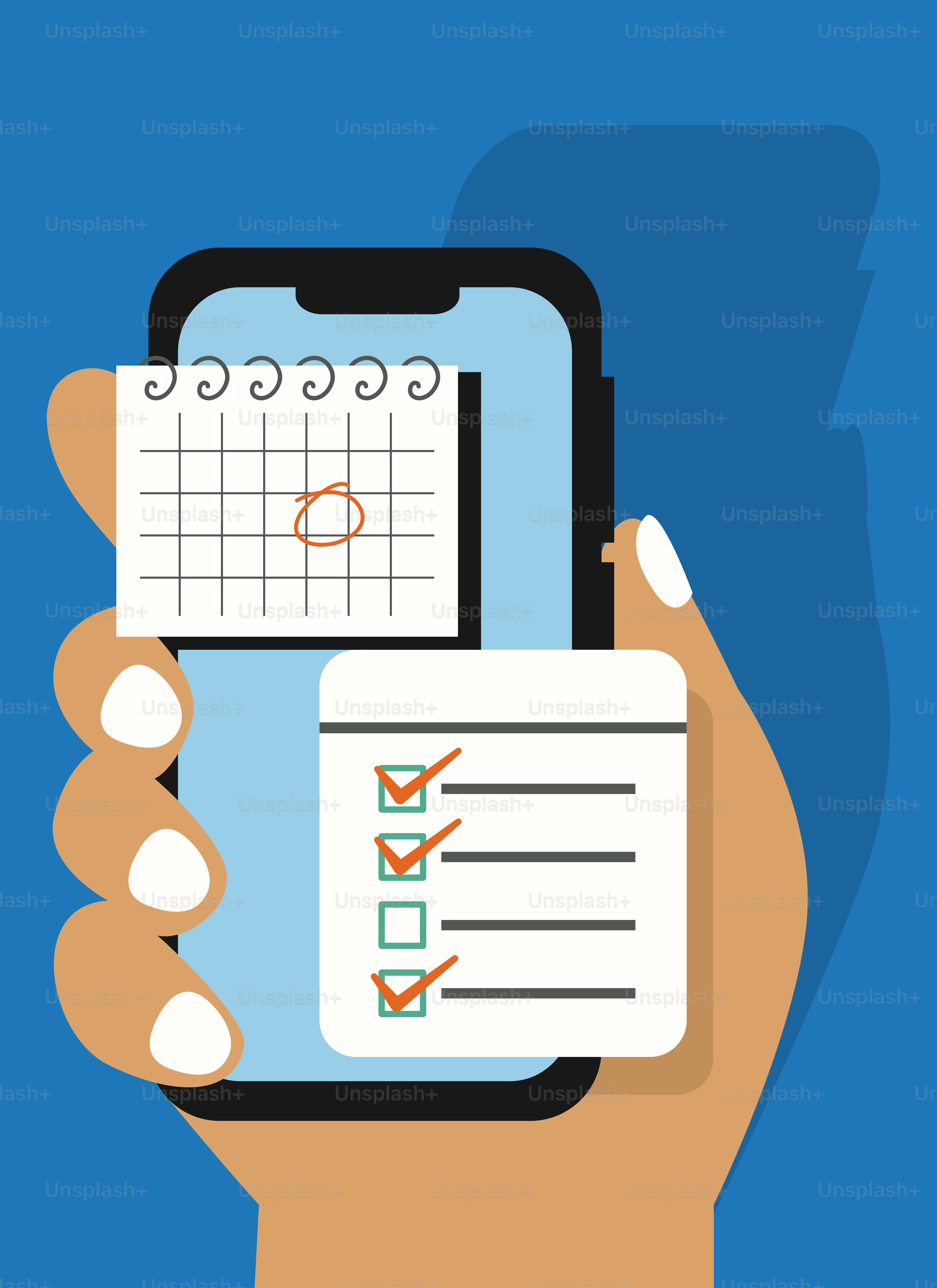 A hand holding a smart phone with a check list on the screen