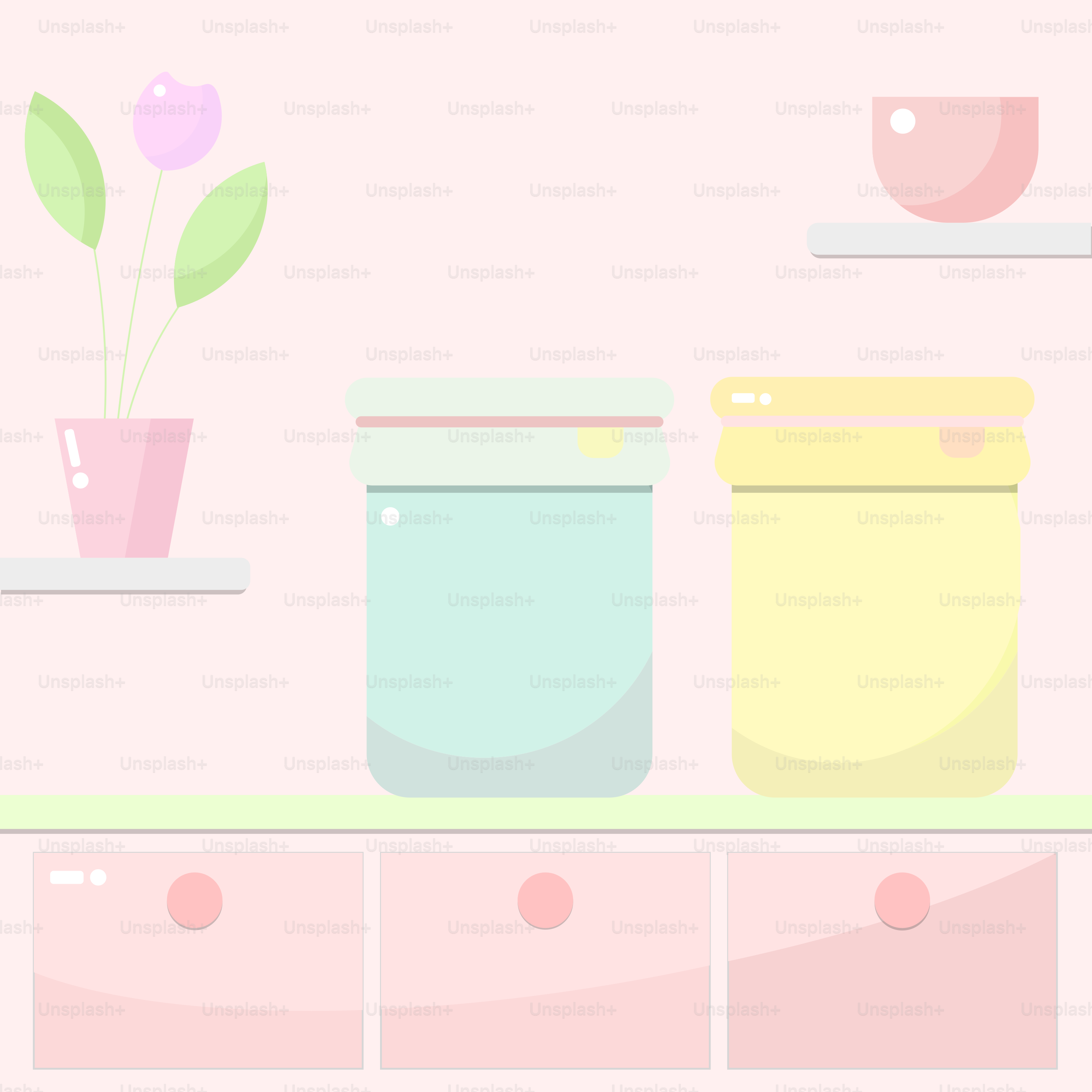 Rak dengan vas dan dua toples di atasnya