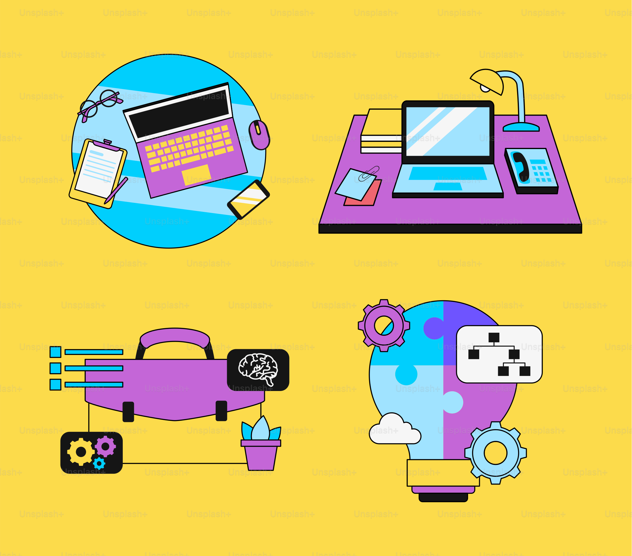A yellow background with a bunch of different things on it