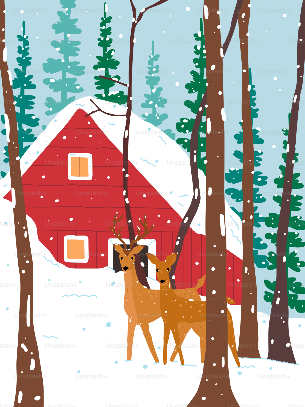 A couple of deer standing next to a red barn