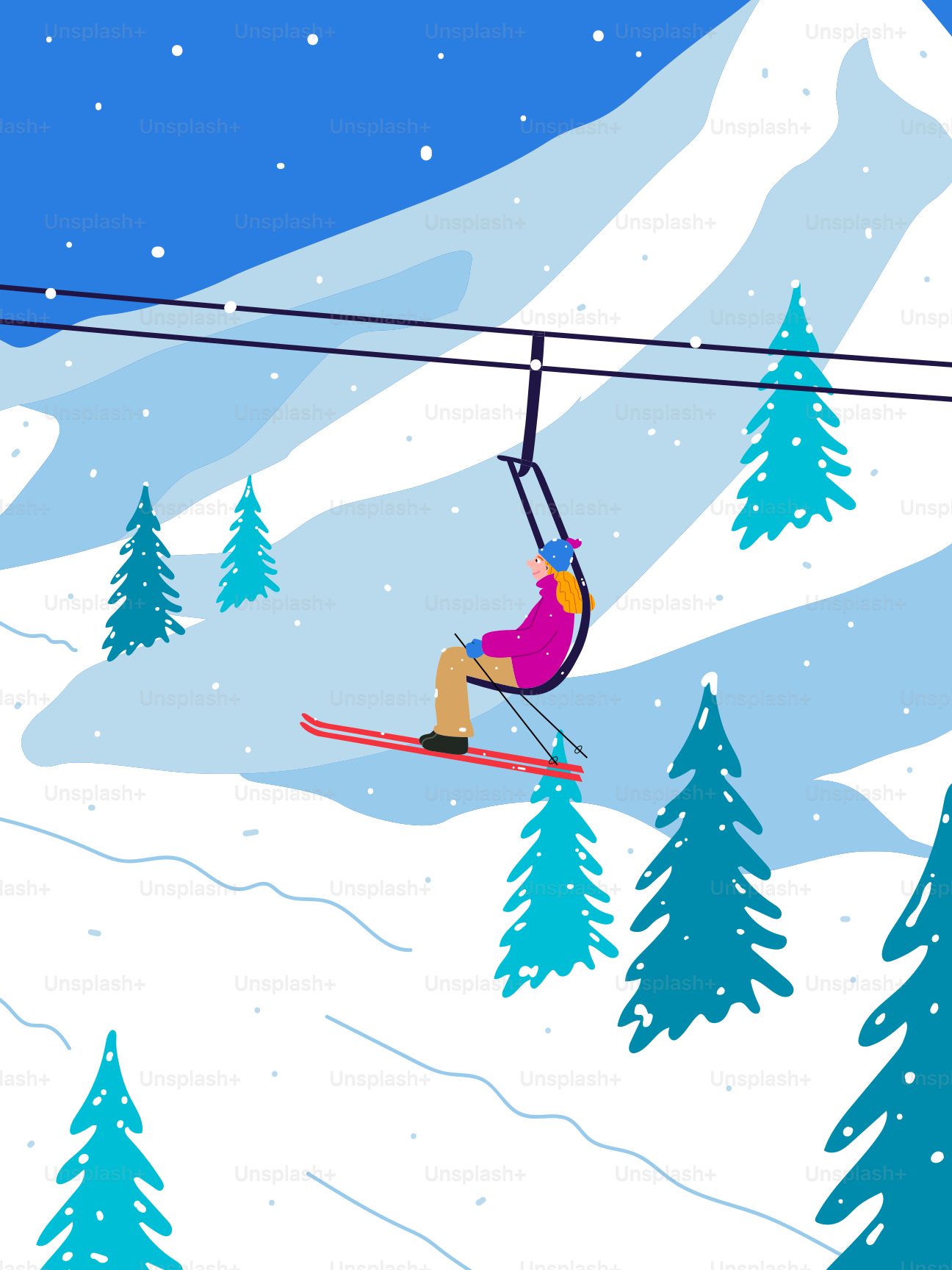 A man riding a ski lift down a snow covered slope