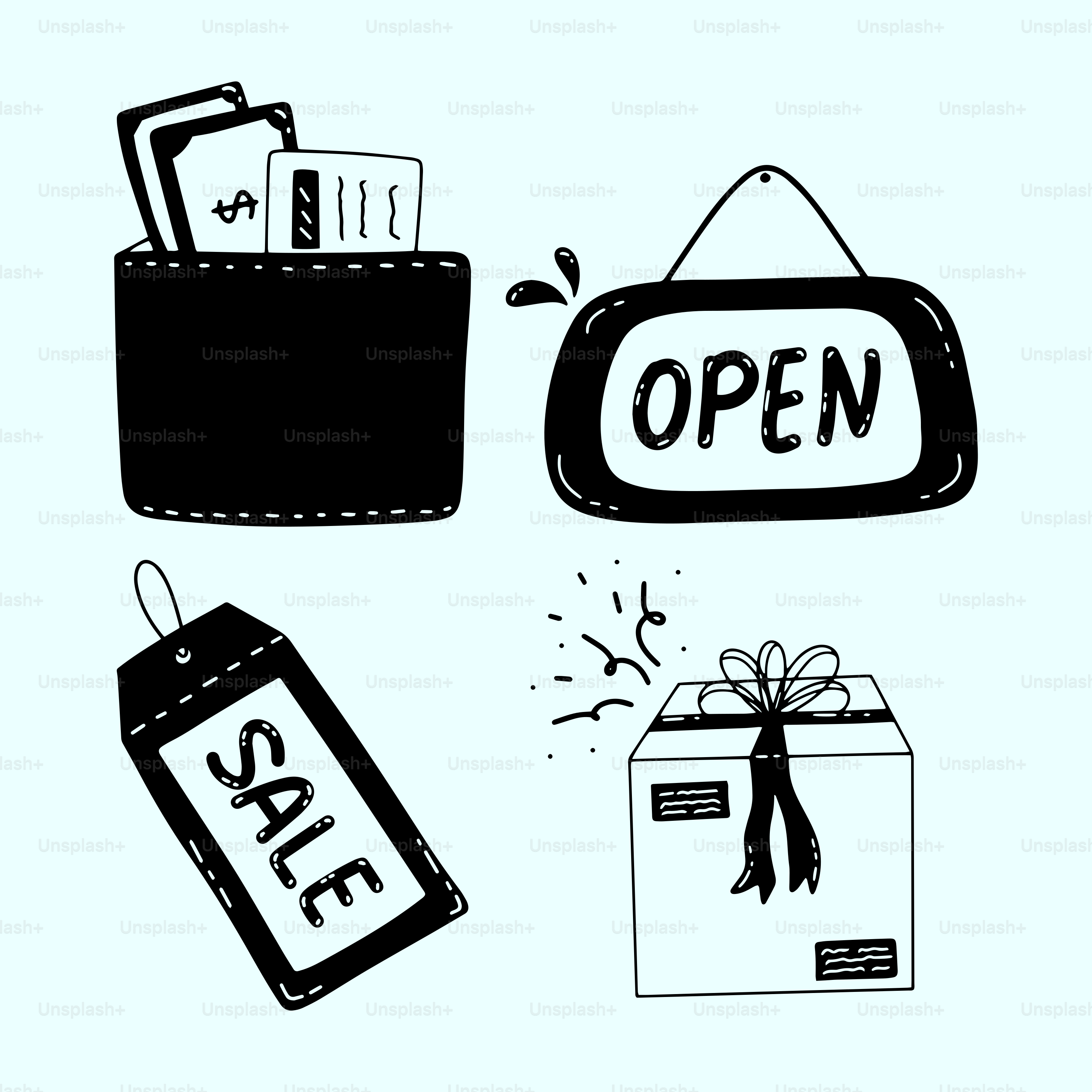 A black and white drawing of a box with a sign that says open