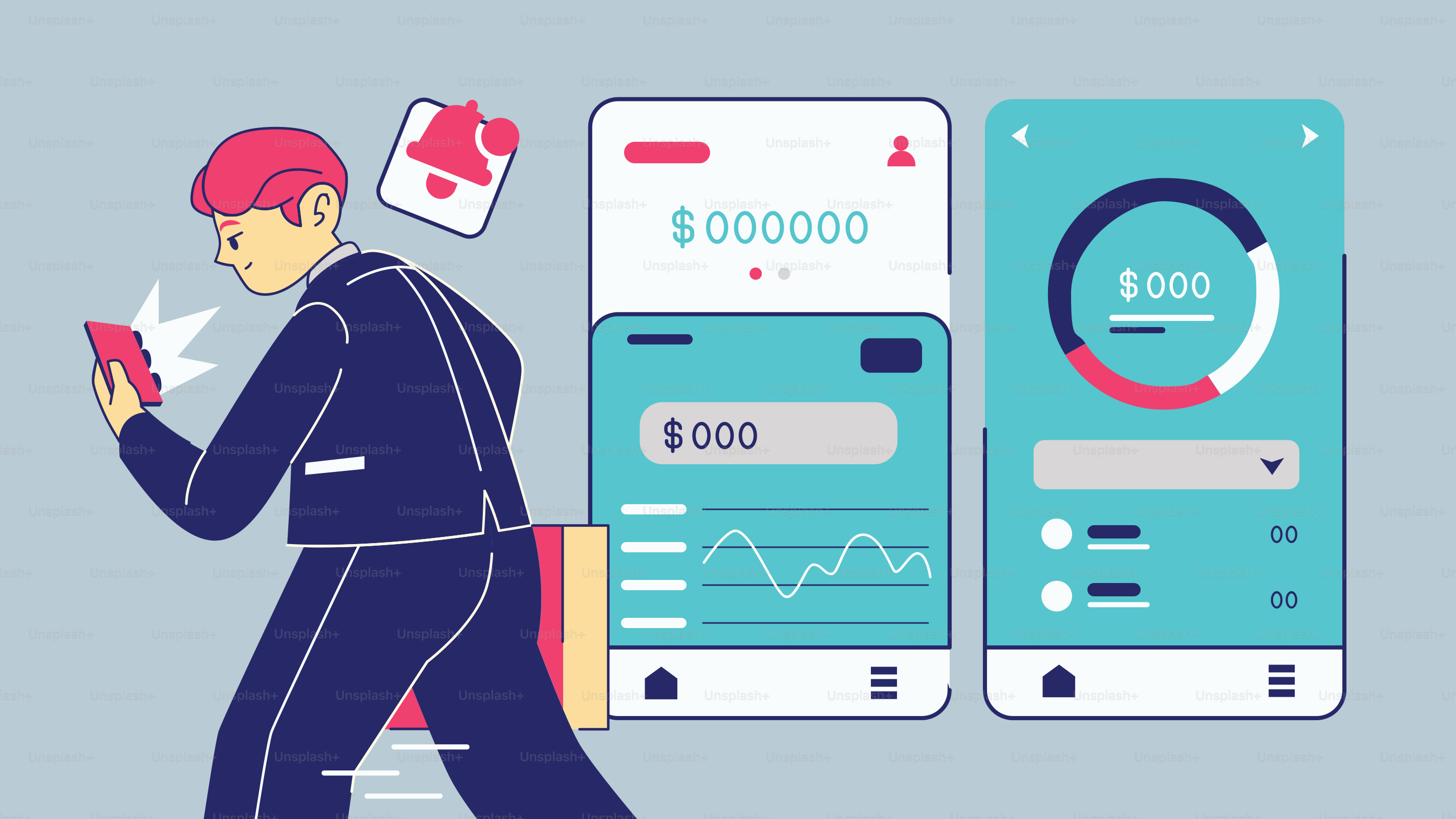 A man in a blue suit is walking with a cell phone