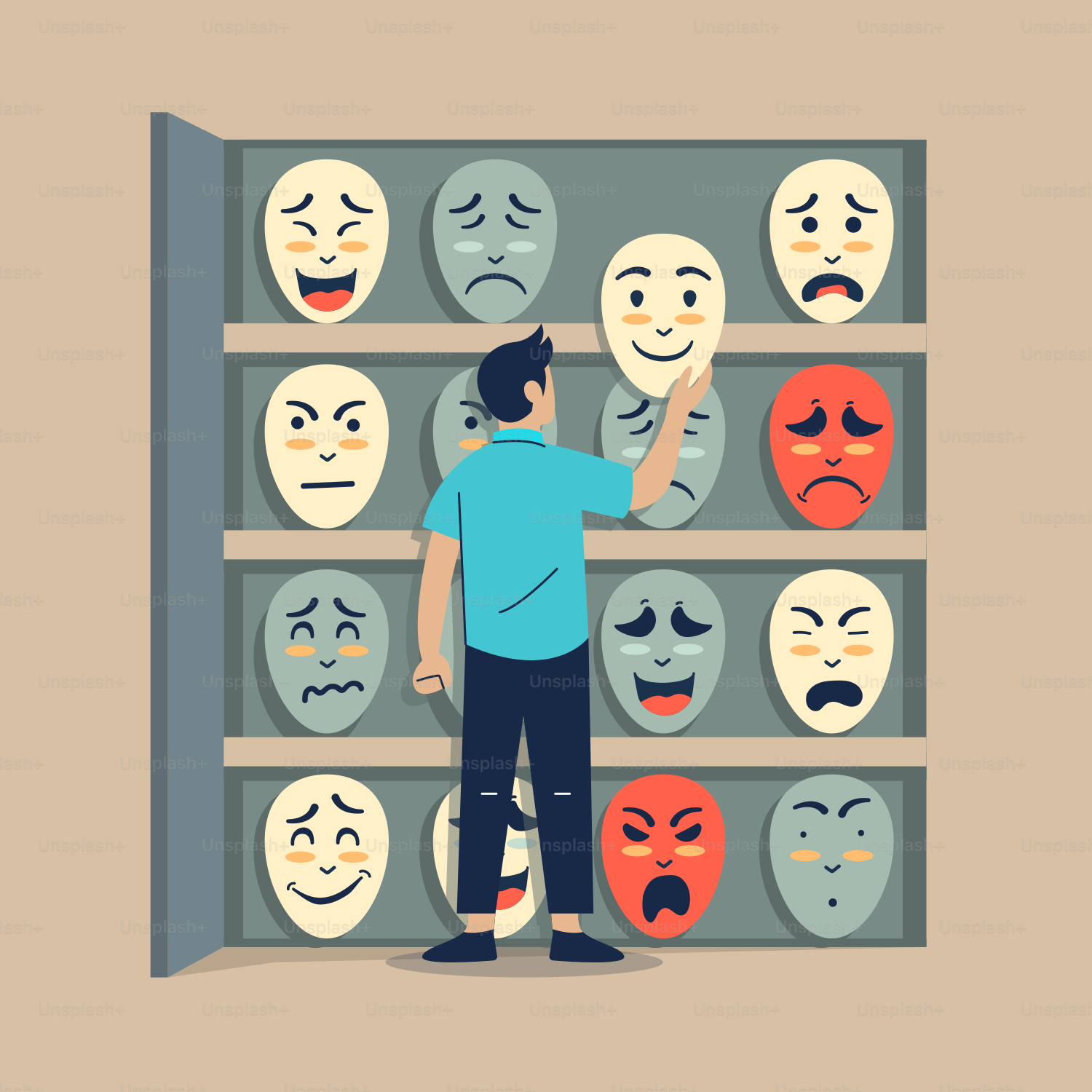 A man standing in front of a shelf filled with masks