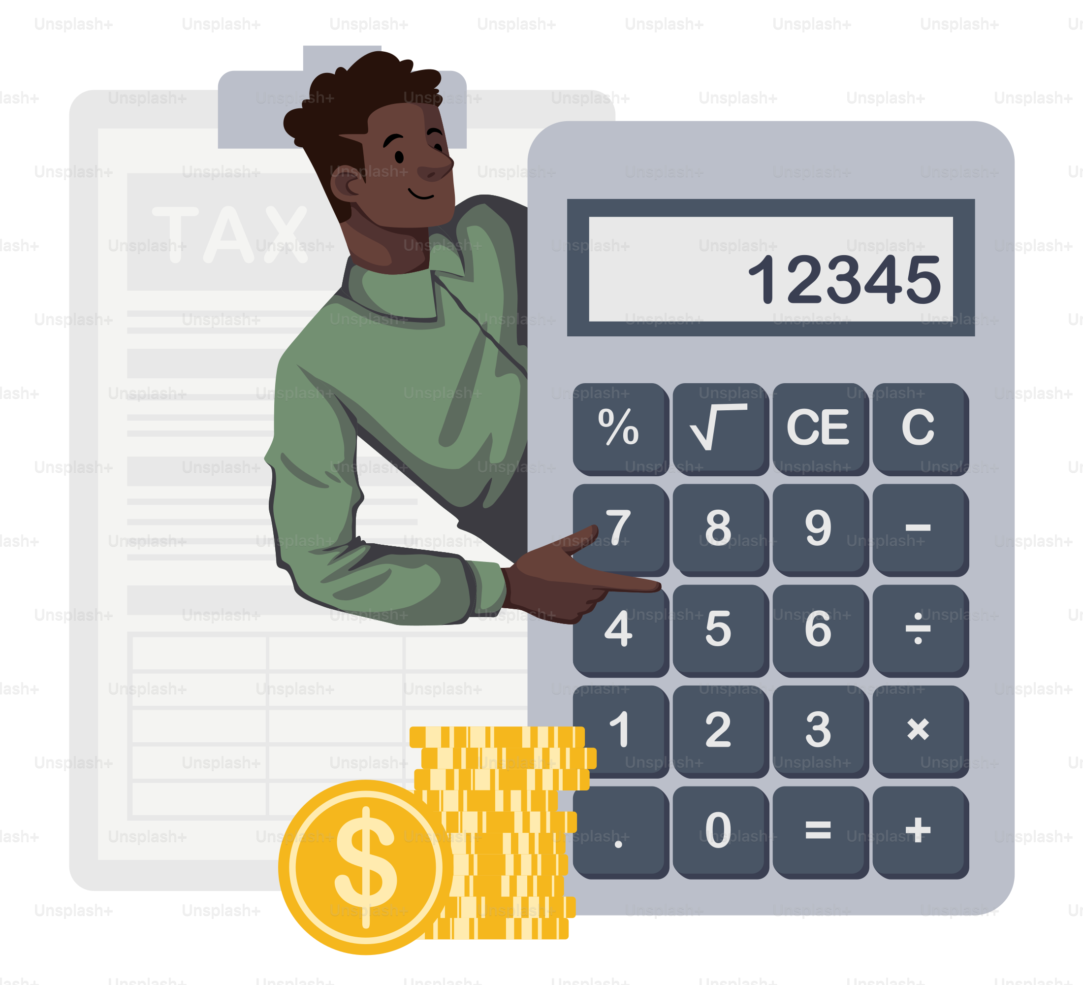 A man holding a calculator with a stack of coins next to it