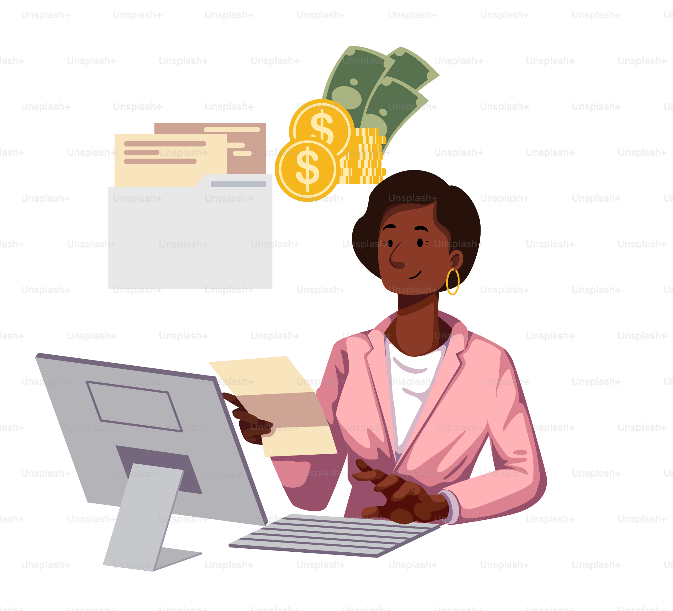 Eine Frau, die vor einem Computer sitzt und Geld aus ihrem Kopf strömt