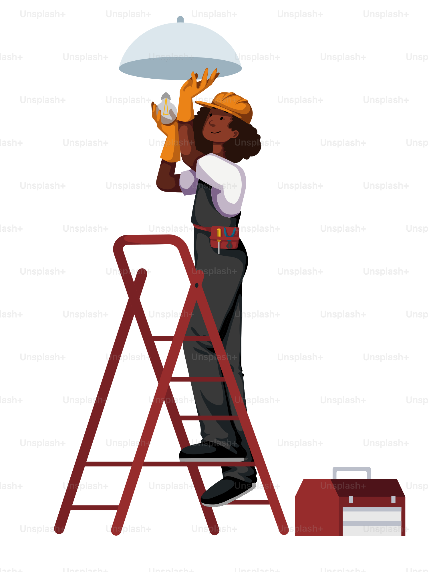 A man standing on a ladder holding a tray