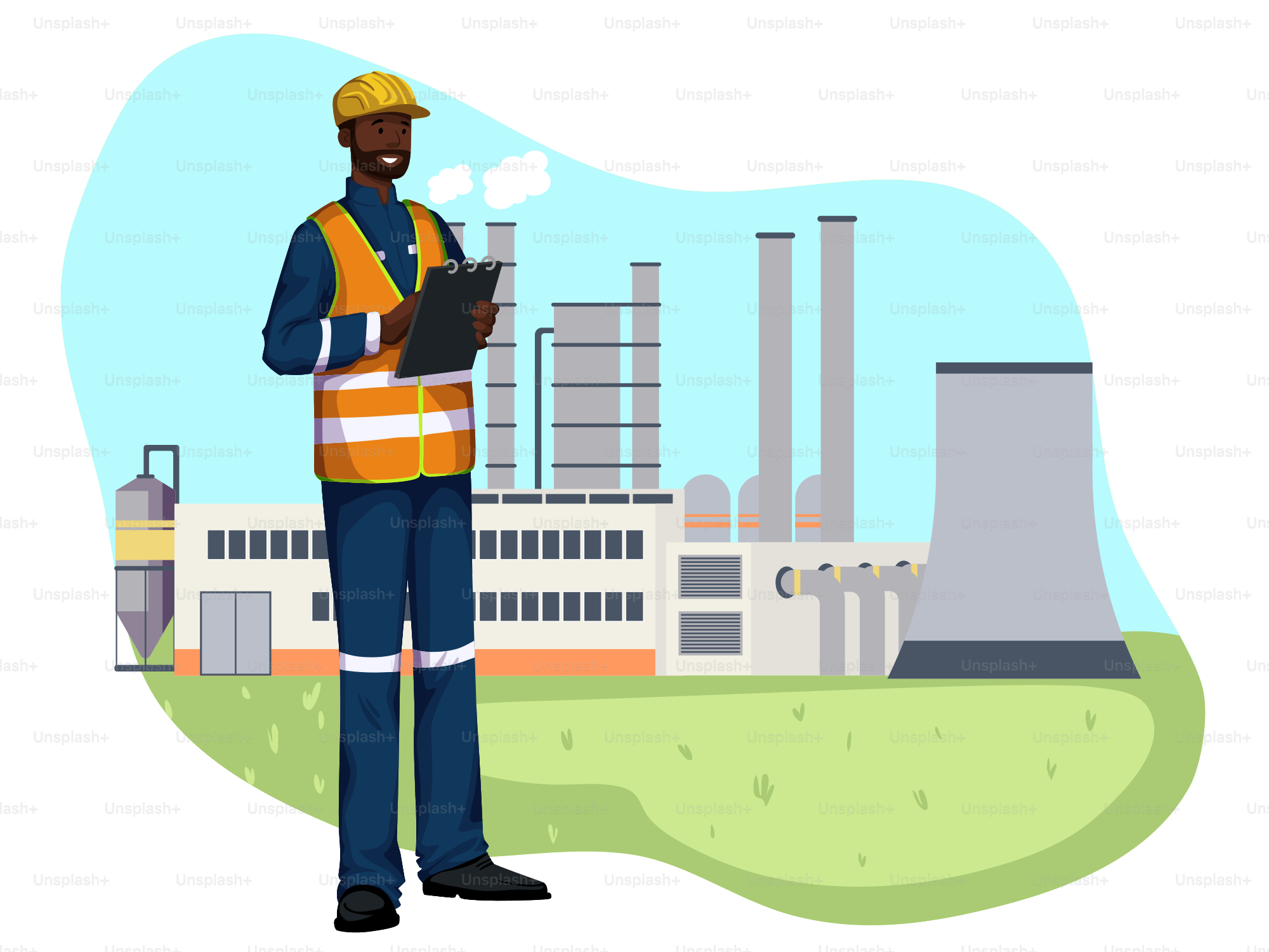 A man in a safety vest standing in front of a factory