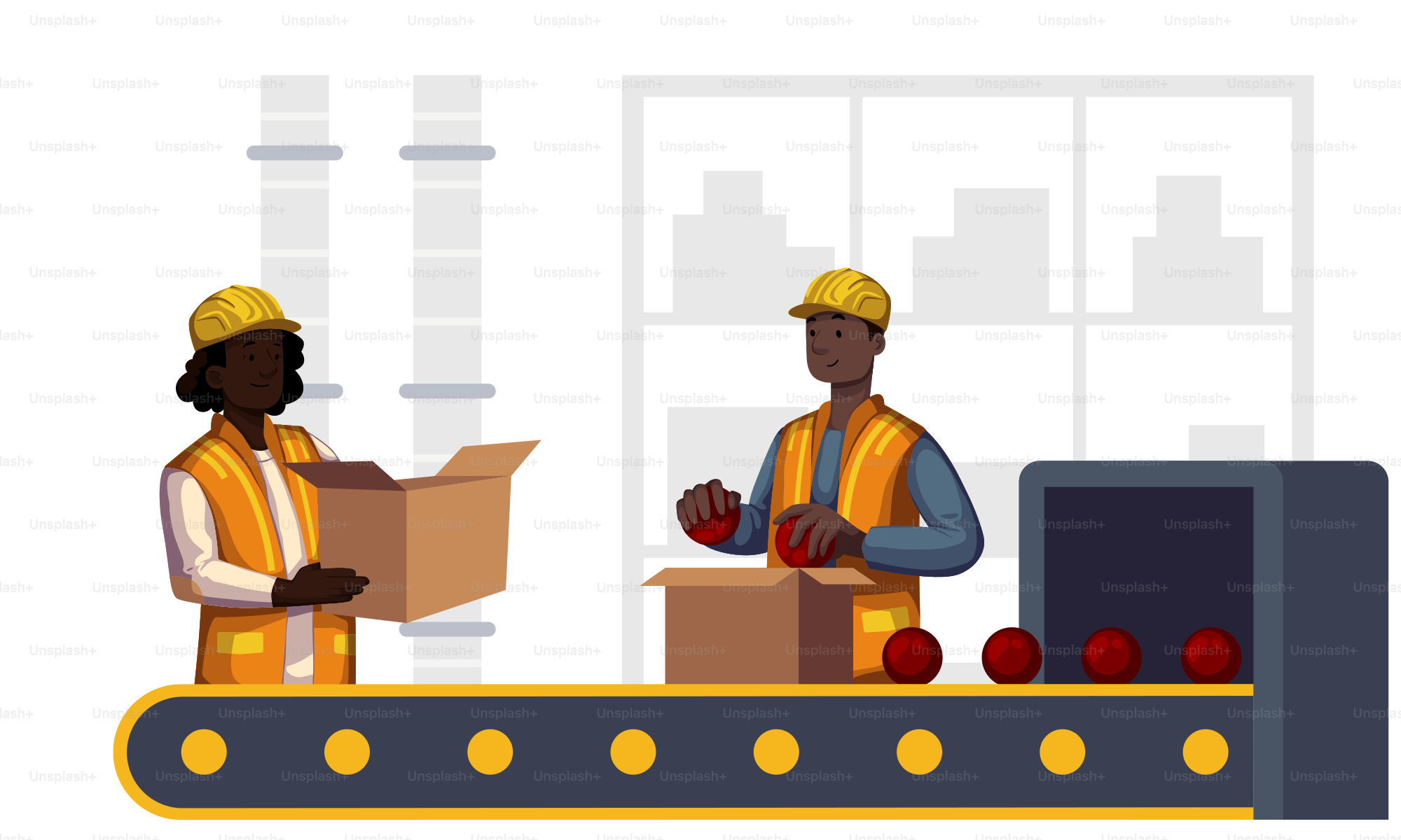 A couple of men standing next to each other in front of boxes