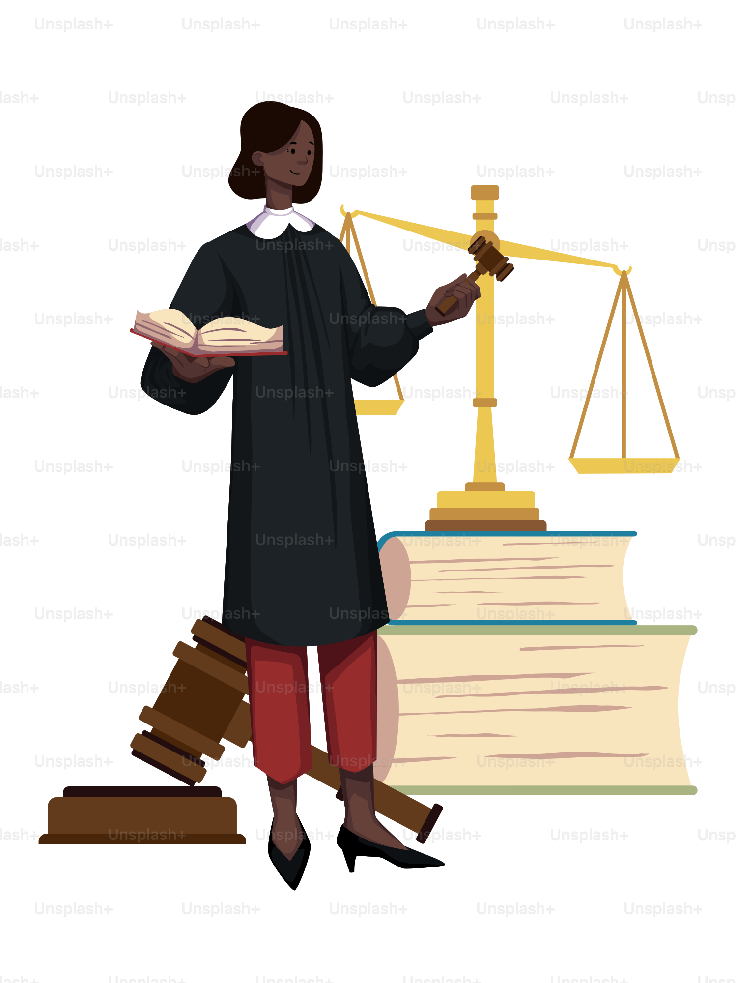 A woman holding a book and a scale of justice