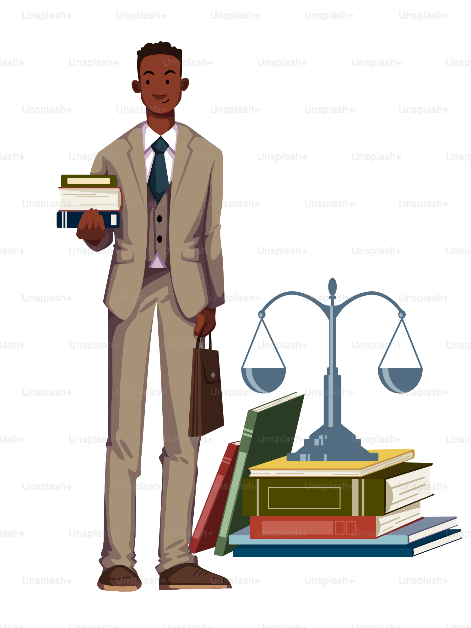 A man holding a stack of books next to a scale of justice